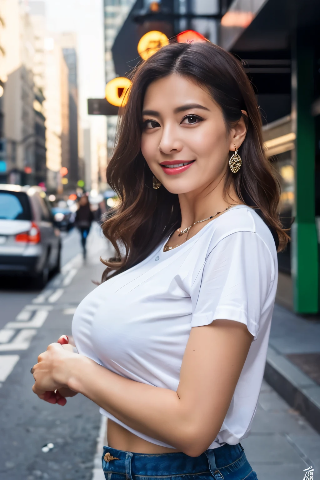 ((Best quality, 8k, Masterpiece :1.3)), (((vulgarity, sexy))), big tits, Japanese hot milf worker, horny body, Ultra-detailed face, Detailed eyes, Double eyelid, smiling, a coquettish look, long hairstyle, wearing a white t-shirts and pants, necklace and earrings, in a big city, outdoor, full body