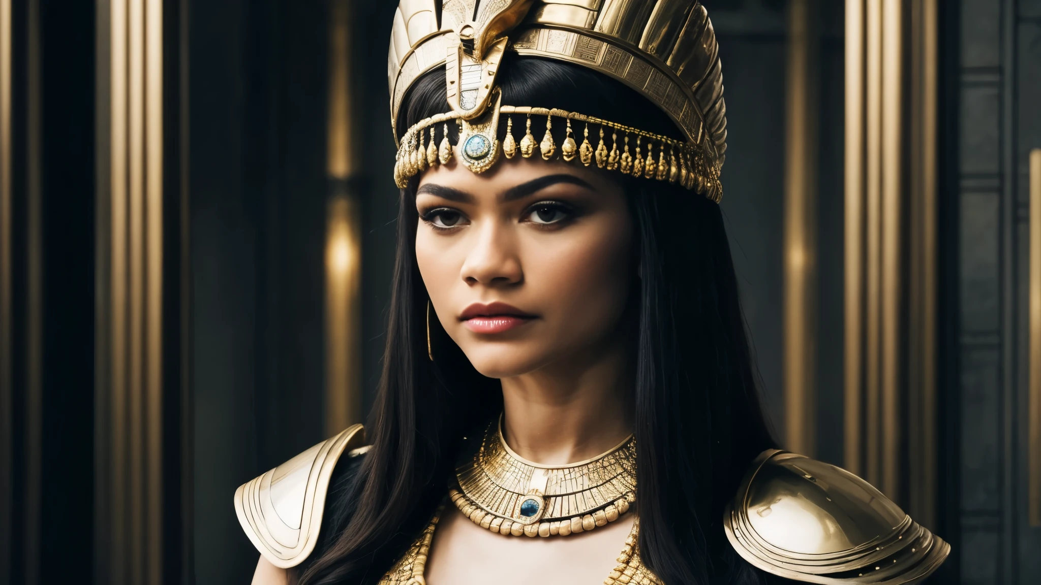 zendaya portrayed as Cleopatra, in front of a large statue of the god Anubis, phophotorealistic portrait, dramatic, cinematic, 4k resoltion, hyperdetailed, dramatic scene, full body angle, bakc view,
