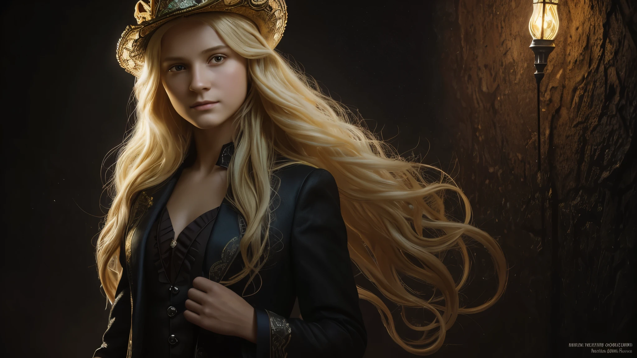 (front focus),(in the dark:1.6), Surreal Portraits of Women by David Hockney and Alphonse Mucha, fantasy art, Realistic photos, dynamic light, art station, poster, Volumetric light, The page is very detailed., 4k, 1 girl, in the dark, deep shadow, Low noise, cowboy shoot, (Formal clothing:1.4), Shoulder length hair, Has light blonde hair,
