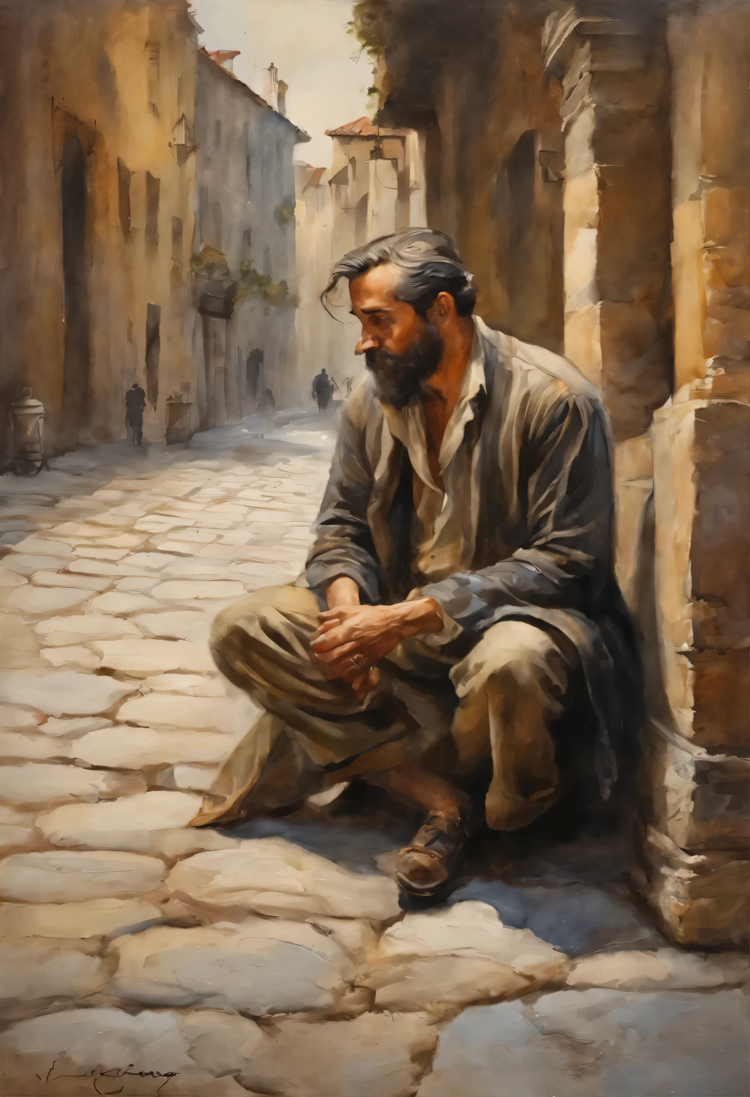 Um rua onde vielas se encontram, personagem masculino de meia-idade, com cabelos grisalhos e barba por fazer. His expression of agony is frozen on his pale face, Lying on the cobblestone floor, vemos a cena de cima, um vulto sutil em uma parte das vielas