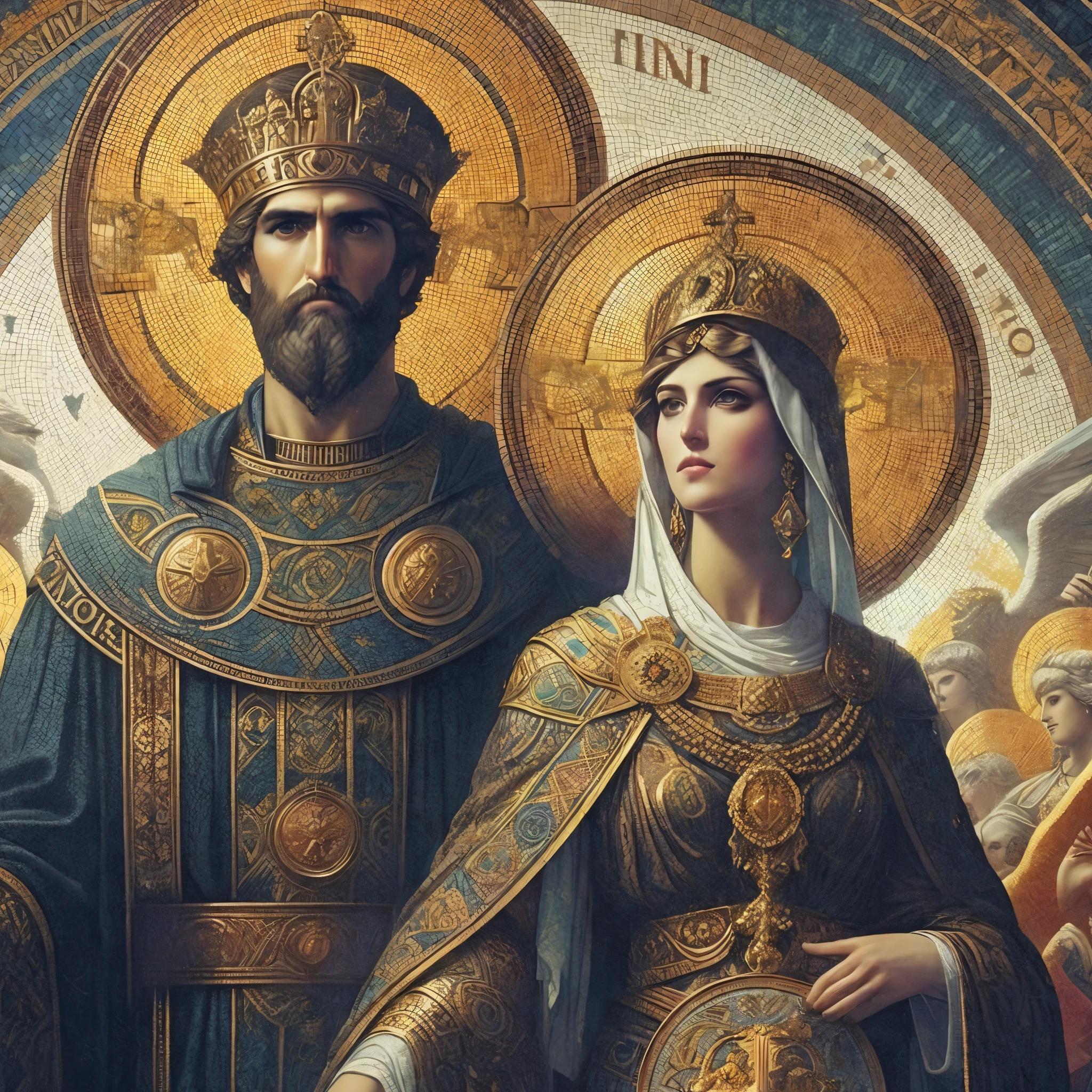 MTGA style Byzantine mosaic detail Greek Orthodox icon ornate auras, emperor Justinian and Theodora stand united in love faith and power, mesmerizing digital art by Brom and Artgerm, mesmerizing illustration by Emily Balivet and Terese Nielsen and Victo Ngai, mesmerizing digital art by , mesmerizing digital art by Brom and Artgerm, Icelandic illustration, illustration by Franz Stassen and Terese Nielsen, glittering reflective refractive light effects, magical realism and art nouveau, complex intricate details, sharp art deco tarot MTGA, dramatic pose, highest quality, best quality, acrylic painting, octane render, trending on ArtStation, trending on CGSociety, dramatic lighting, 64k, paint dripping, liquid colors, delicate brushstrokes, sy3