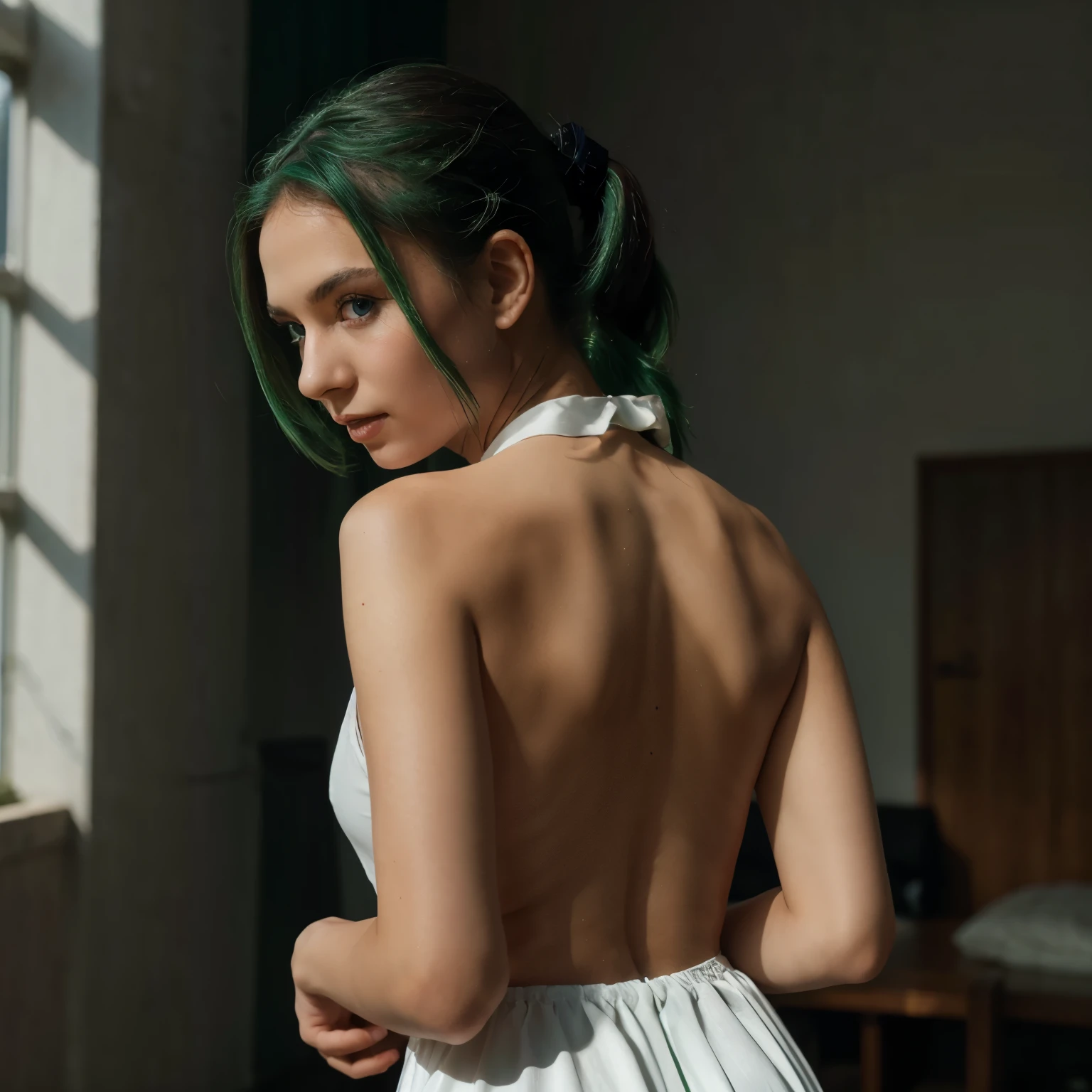 innocence, dark green hair, ponytail, Hands behind your back, White dress, black tie at the waist, young woman,Blue eyes,