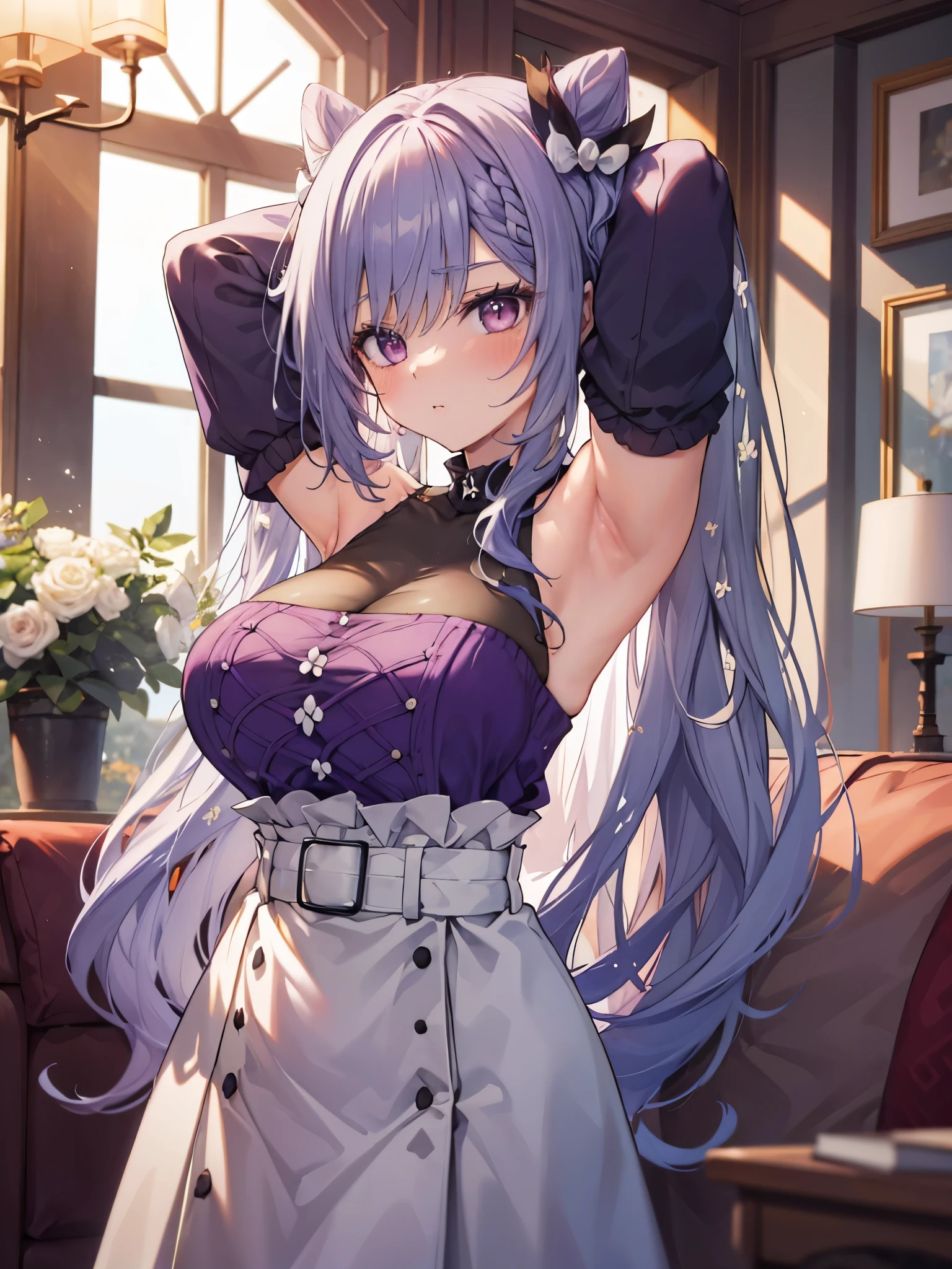 (((8k))), (((Masterpiece))), (((Ultra-detailed))), (((Superlative))), Mature woman, Keqing, ((gigantic breasts)), (((pouting))), (((blushing))), (((living room))), (((arms behind head))), (((armpits)))