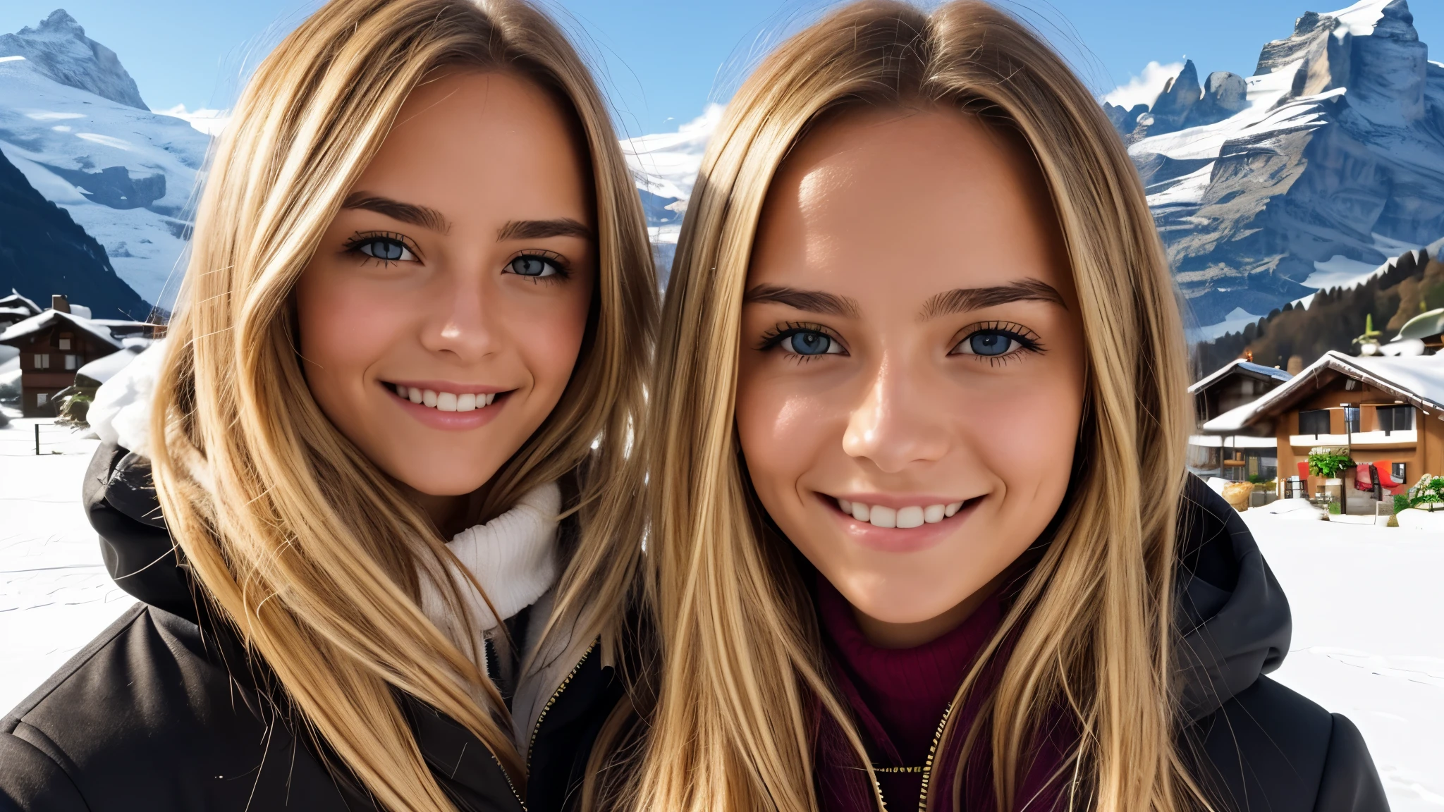 Instagram pictures, 1 girl, Shoulder length hair, Has light blonde hair, Close-up photo, coat, The background is the village of Grindelwald....., Switzerland, smile a little,