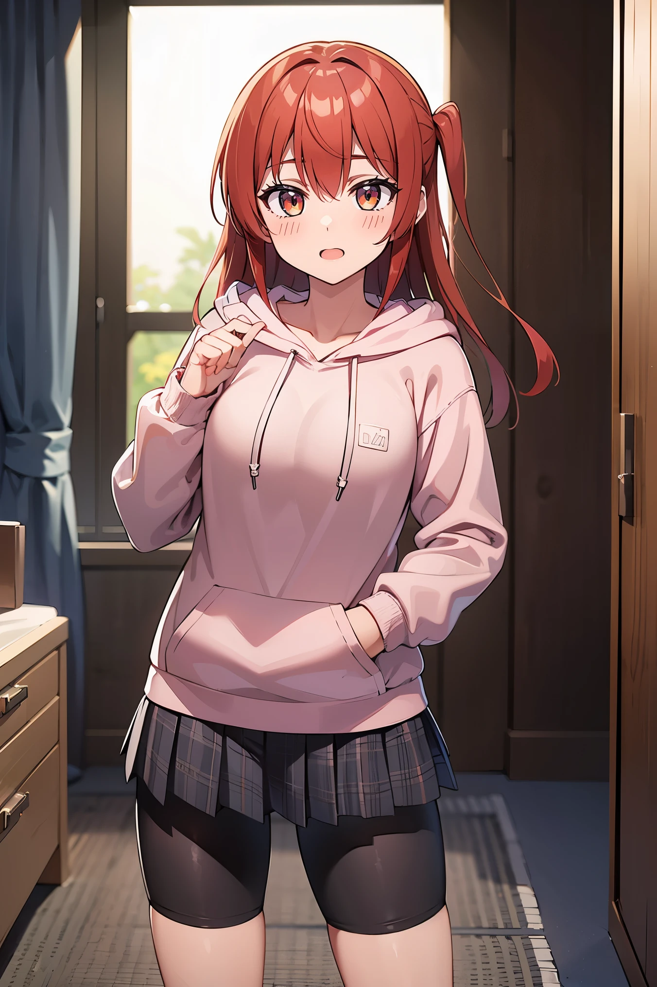 1 girl, hdr, ikuyo kita, red hair, one side up, long hair, green eyes, hoodie, pink hoodie, long sleeves, grey skirt, plaid skirt, bike shorts, black bike shorts, standing, open mouth, looking at viewers, room,