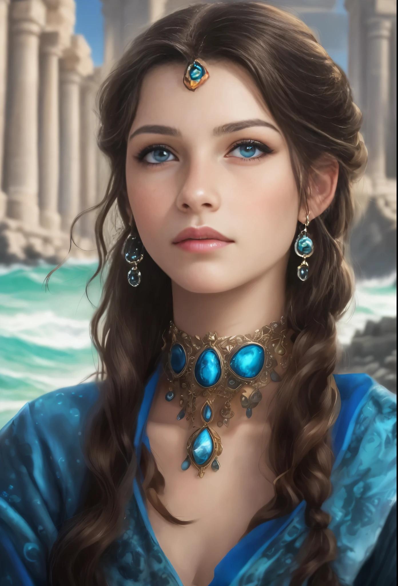 High resolution, brunette girl, 15 years old, bright blue eyes, pattern of stones on her face along the forehead to the temples, Brunette, temples slightly shaved, long black hair pulled back in a ponytail, temples slightly shaved, dressed in a silk shirt and loose trousers, bright blue eyes, portrait, the sea in the background, seagulls, realism, fantasy