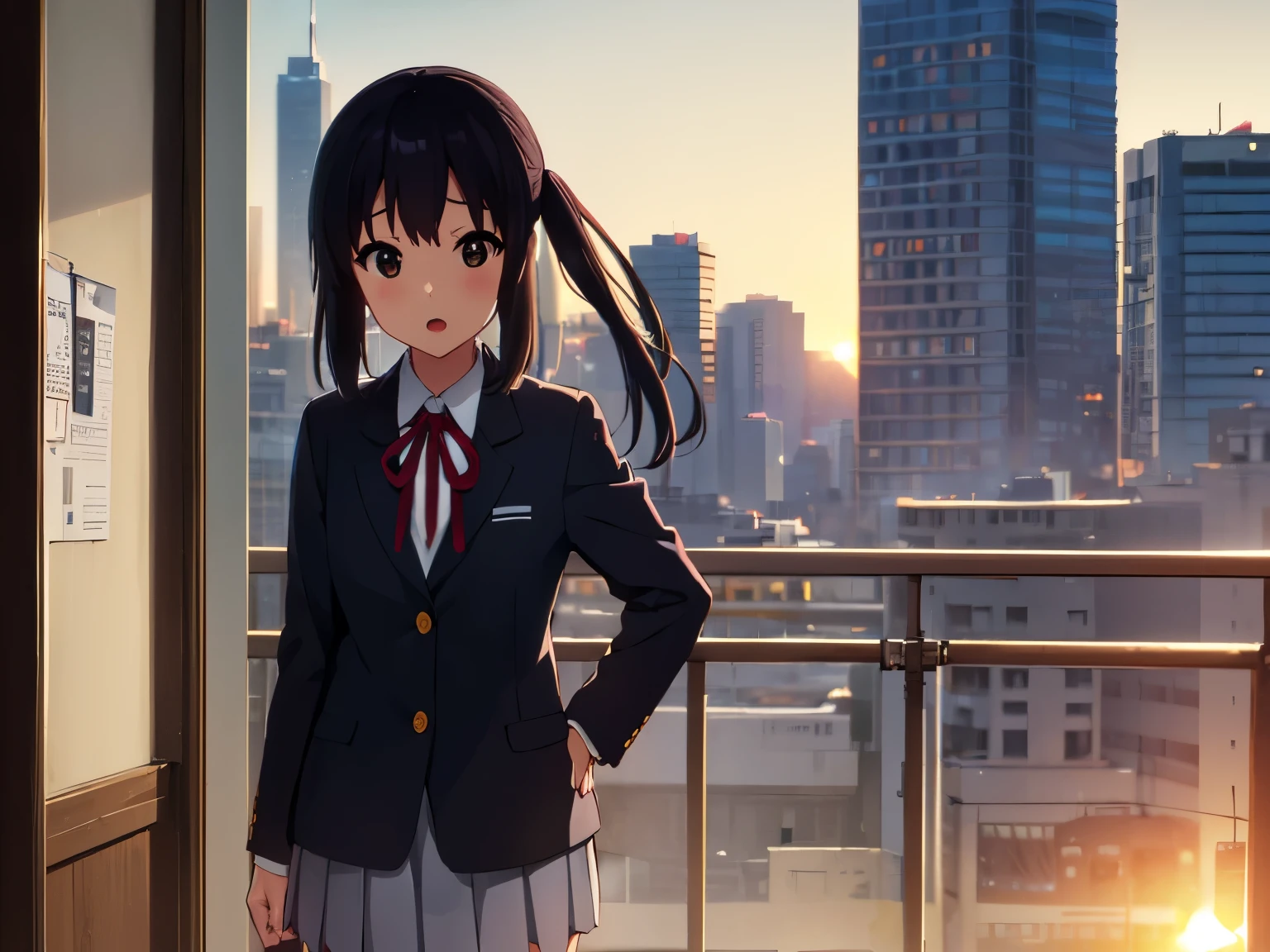 1girl, (((​masterpiece))), top-quality, top-quality, High Details, nakano azusa, 1girl, Sakuragaoka High School Uniform, student clothes, Twin-tailed, length hair, A dark-haired, brown-eyed, 独奏, reddish, Dark blue blazer with thin red ribbon, Solid white buttoned shirt under blazer, illustratio, comic strip, soothing tones, Subdued Color, Soft cinematic light, adobe lightroom, photolab, HDR, intricately and hyper-detailed、(((depth of fields))))。(((​masterpiece)))。(((top-quality))).)((ultra-detailliert)))。(((illustratio)))。(((takeout))).dynamic focus.big breasts.(((Skyscrapers))).(((A city scape))).(((Face of sadness))). open mouth.(((put hands on the hip))).(((up chest))).((evening glow)).((the setting sun)).