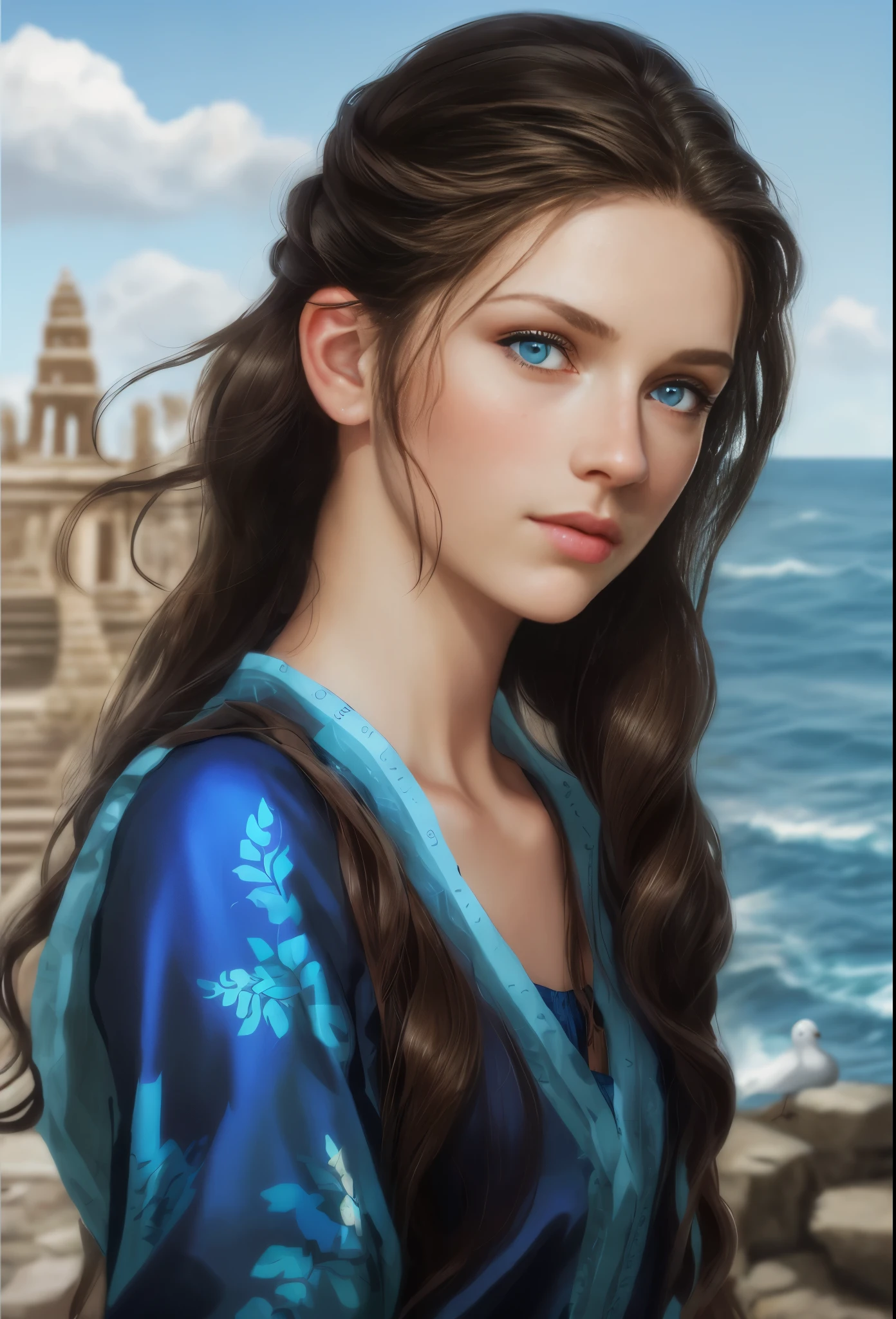 High resolution, brunette girl, 15 years old, bright blue eyes, pattern of stones on her face along the forehead to the temples, Brunette, temples slightly shaved, long black hair pulled back in a ponytail, temples slightly shaved, dressed in a silk shirt and loose trousers, bright blue eyes, portrait, the sea in the background, seagulls, realism, fantasy