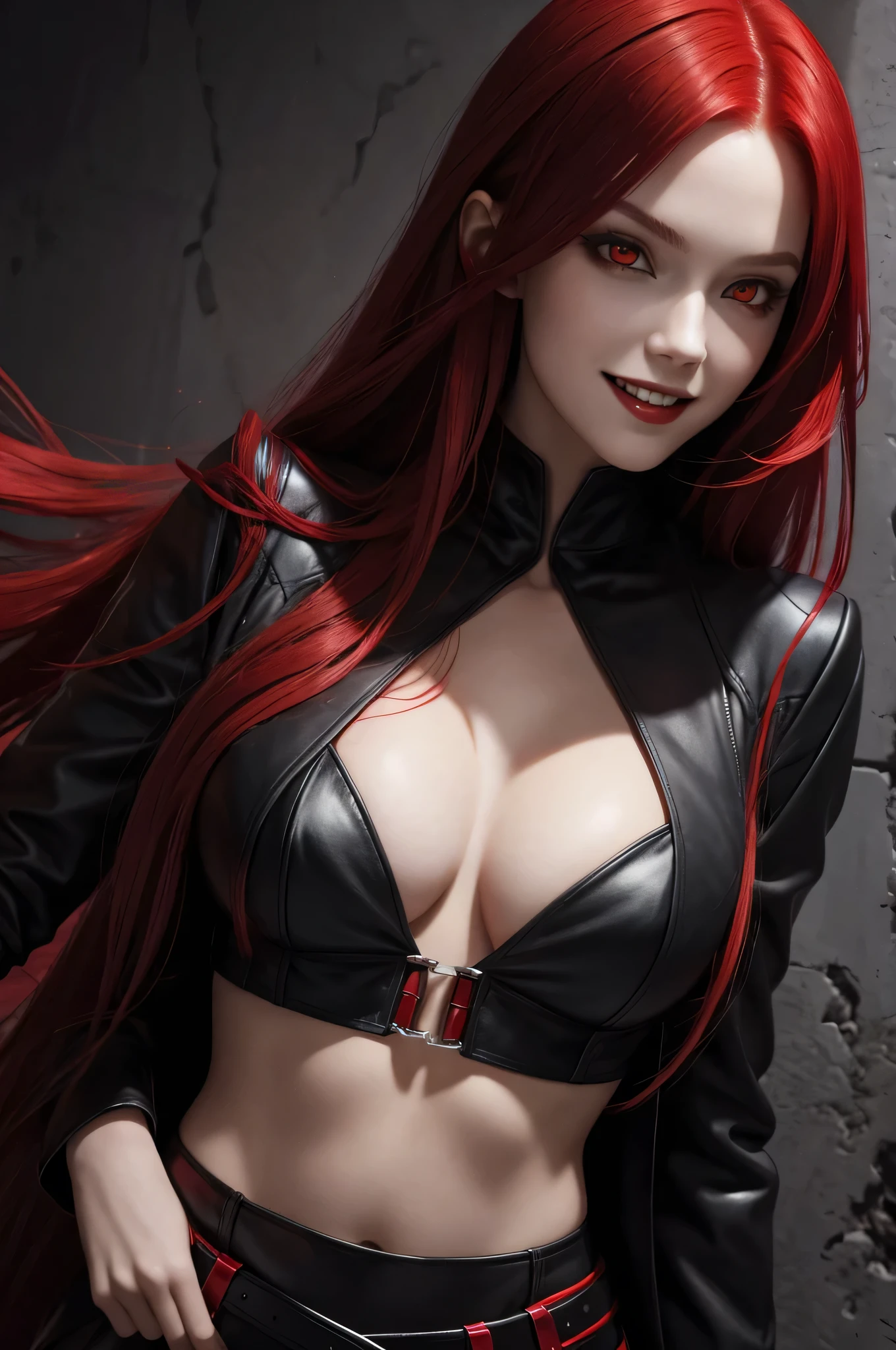 masterpiece, best quality, highres, 1girl, solo, modern vampire, red hair, long hair, open hair, red eyes, evil smile,vampires with red hair, red and black outfit, scary background