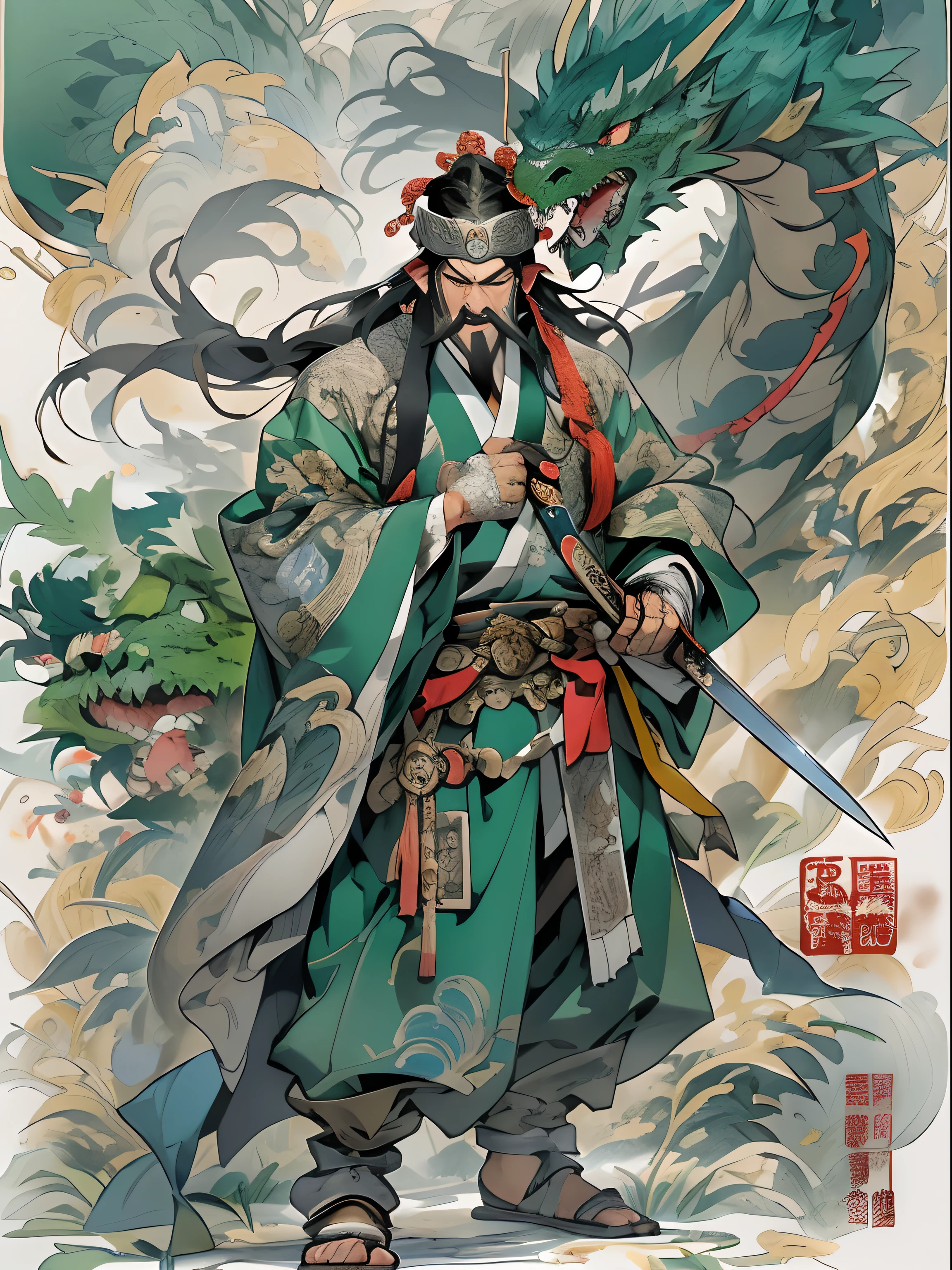 (((China-style，Ink painting method，bust，intense colors，Han Dynasty, China，Hanfu，armor，guanyu，Guan Yunchang，mens，Ruddy Killing Square Face，Holding the Blue Dragon Moon Knife in his right hand，stroking the beard with the left hand，long hair，Petty eyes，green robe))), (((best quality person))), (((master piece))), (((AS-Adult))), ((( Japanese ))), Looking up from your knees, Handsome Asian samurai，perfect body shape, modern samurai, ((( Asian))), Wear gloves on your hands，The left arm is made of steel and metal tips，protector, Eyes are pulled, (( Appears under the chest )), (( small floss )), by Simon Bisley, almost naked（by Simon Bisley）Castle City Wilderness，high-resolutionfor posters, hair straight, minimum clothing, armor (Crazy clothes ), Full of tips and rivets, Tribal tattoos, (((full body esbian))), Straight brunette hair，Colored hair ends
