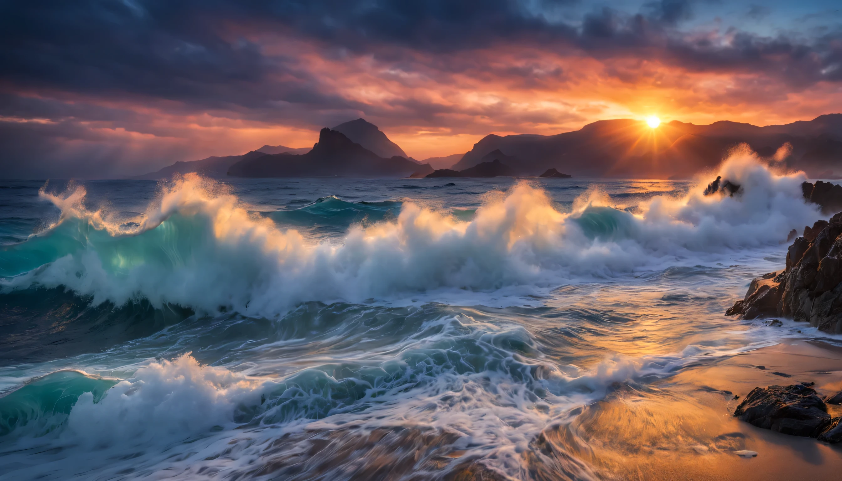 arafed view of a dawn over the blue ocean with waves crashing, chaotic sea setting, breathtaking colors, breathtaking look, breathtaking composition, beautiful sea landscapes, stunning dawn, magnificent background, dawn glow, beautiful background, beautiful dreamy breathtaking, marc adamus, warm beautiful scene, epic dawn, beautiful dawn, beautiful dawn glow, beautiful blue ocean