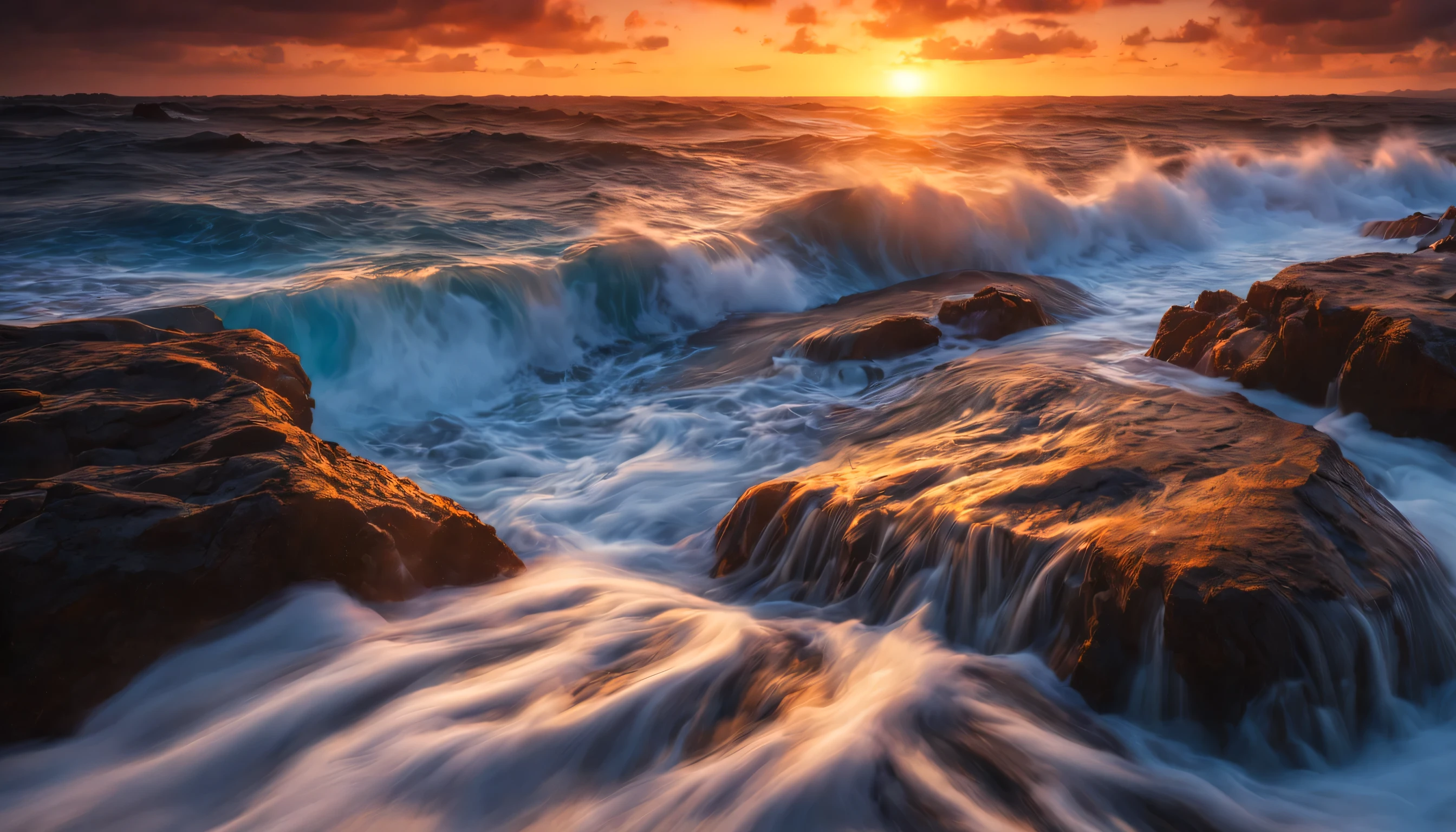 arafed view of a dawn over the blue ocean with waves crashing, chaotic sea setting, breathtaking colors, breathtaking look, breathtaking composition, beautiful sea landscapes, stunning dawn, magnificent background, dawn glow, beautiful background, beautiful dreamy breathtaking, marc adamus, warm beautiful scene, epic dawn, beautiful dawn, beautiful dawn glow, beautiful blue ocean