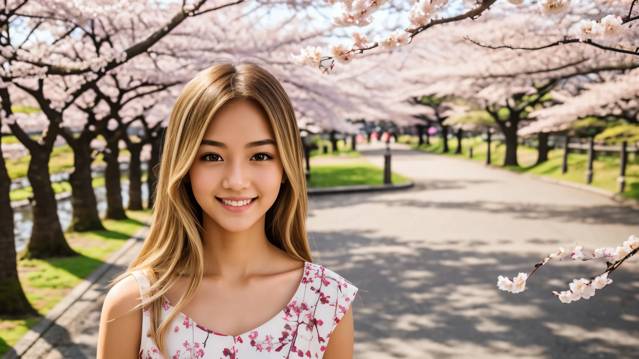 Instagram pictures, a girl, Shoulder length hair, Has light blonde hair, Close-up photo, Take a walk in the park with cherry blossoms, Japan, smile a little,