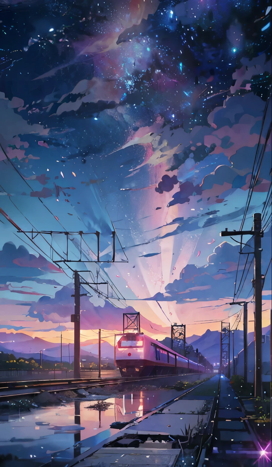 Anime train crossing track in sky background, beautiful and harmonious scene, exquisite animation, rich details (width is 672), high quality, clarity 4k, artistic 4k wallpaper, stunning anime landscape, 8k art wallpaper.