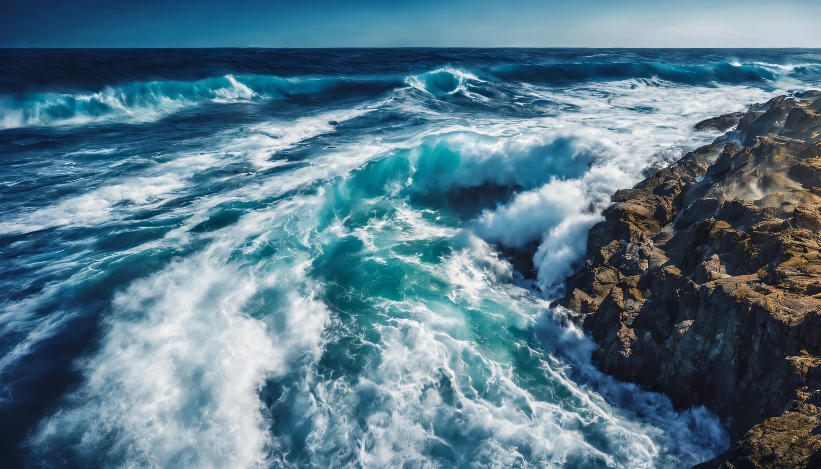 arafed view of a blue ocean with blue waves crashing, chaotic sea setting, breathtaking composition, beautiful sea landscapes, stunning ocean, magnificent background, beautiful background, beautiful dreamy breathtaking, beautiful blue ocean