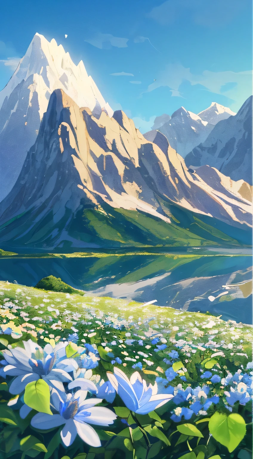 chef-d'ouvrages d'art, meilleure qualité, (fond d'écran cg unity 8k très détaillé) (meilleure qualité), (Meilleure illustration), (Meilleures ombres) nature', Lac bleu,feuilles délicates, pétales de différentes couleurs tombant à la lumière du'air, Montagnes en arrière-plan, nuages, super détaillé