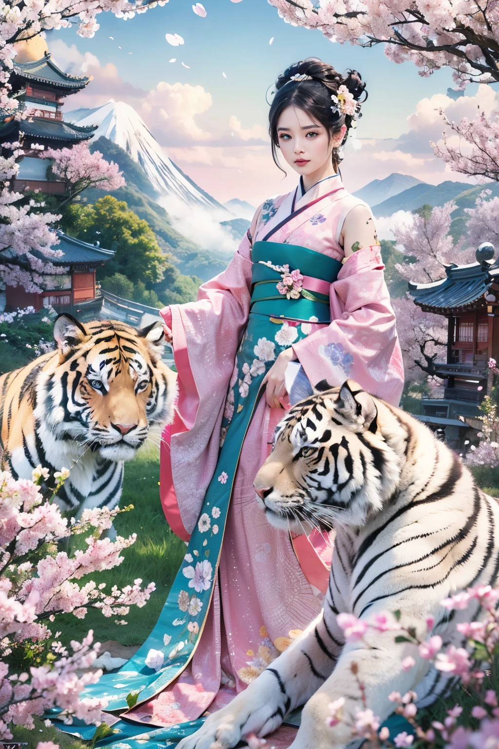 (masterpiece, high resolution, illustration:1.2), mesmerizing woman, (colorful traditional Chinese hanfu:1.1), (graceful floral motifs:1.2), (ebony tresses adorned with delicate flowers:1.3), riding atop two majestic white tigers, (powerful presence:1.2), (rolling green hills:1.1), iconic Mount Fuji majestically dominating the background, (azure skies:1.2), (wispy clouds:1.1), (fields of vibrant pink cherry blossoms:1.2), peaceful expression, harmonious connection, (tigers' piercing blue eyes:1.2), top-down perspective, dreamlike ambiance, a fusion of elegance and natural beauty.