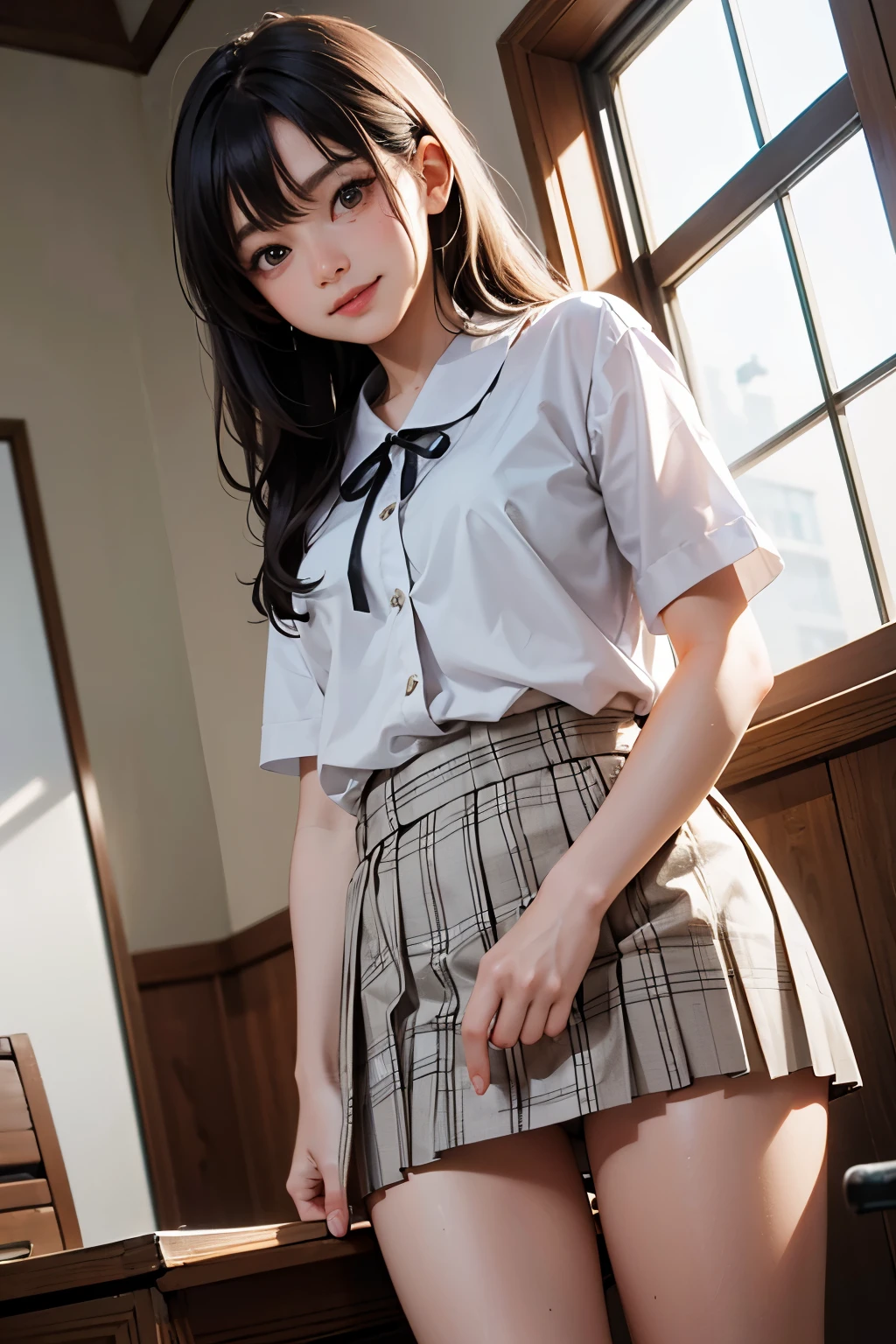 very cute and beautiful girl,(highly detailed beautiful face),
(smile:1.2),happy,black hair,medium hair,white blouse,ribbon,standing,pleated plaid mini skirt,from below,white panties,
wooden classroom,window,distant trees and town,
(best quality,masterpiece:1.2),absurdres,highres,ultra-detailed,extremely detailed,32k,8k resolution,
intricate details,cinematic scene,detailed background,solo,dynamic angle,