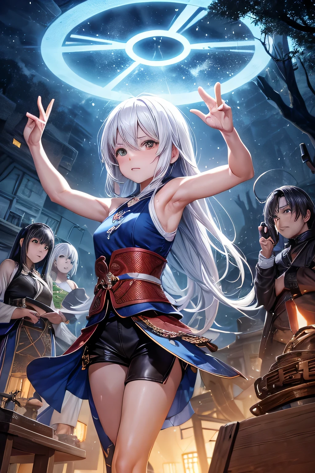1 girl, antique tank top, long hair ,white hair, yellow eyes, magic circle, blue light, เปลวblue light, Wallpaper, terrain, blood, blood splatter, depth of field, at night, light particles, light rays, On the side of the road, thigh, luck \(set\), Genshin Impact, ****, , thighสูง, Cloud, crawl,shorts, Raise both arms to use Magic Super Light...