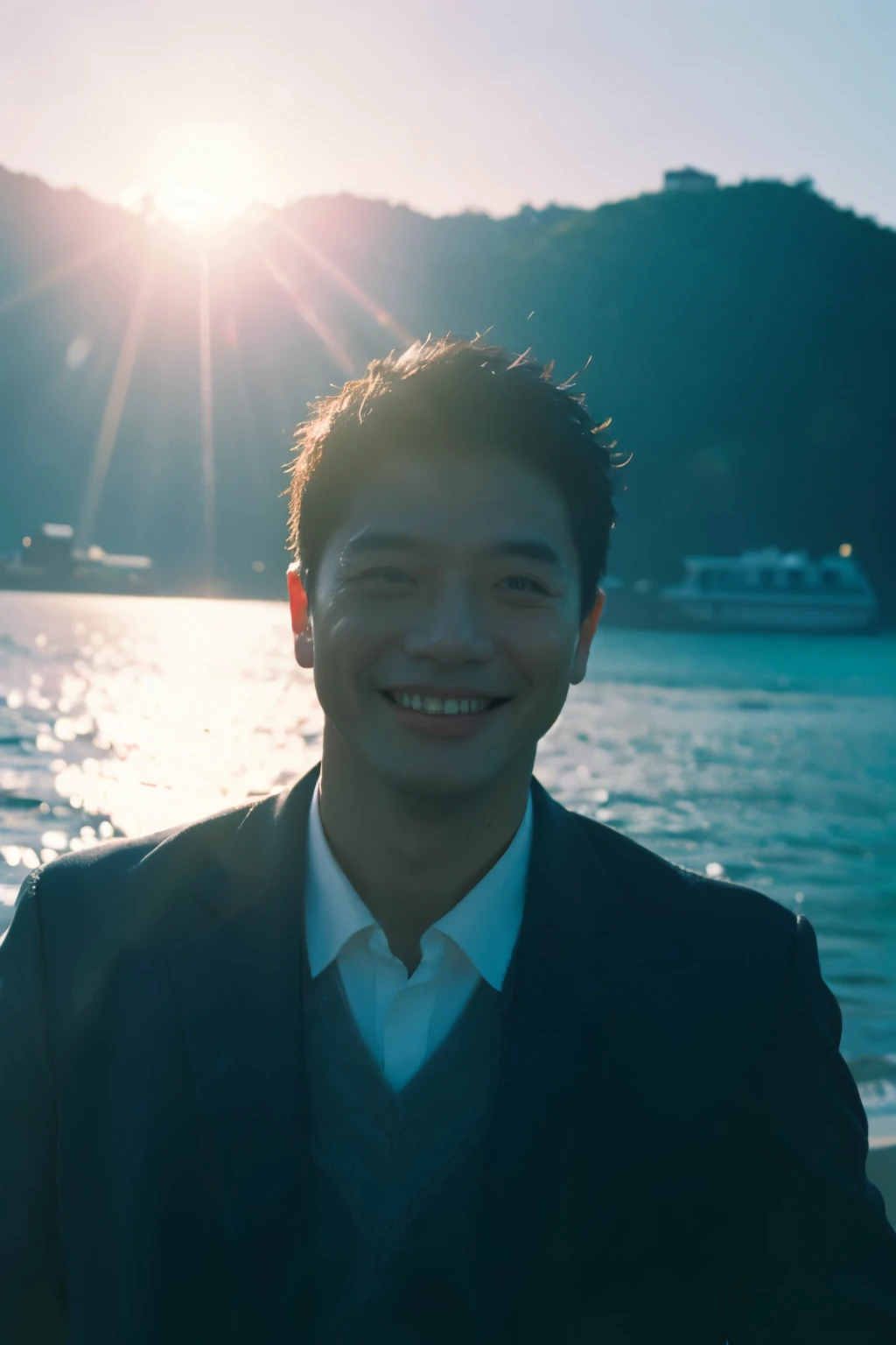 Best Quality,Masterpiece,Ultra High Resolution,(Realisticity:1.4),Original Photo,Cinematic Lighting,
1handsome man ,smile,backlighting,ocean,