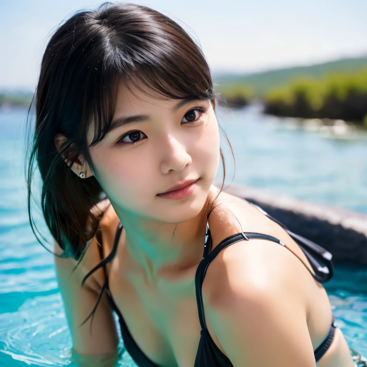 master piece , best quality , japanese , cute face , 20years old , black eyes , looking at viewer , bikini