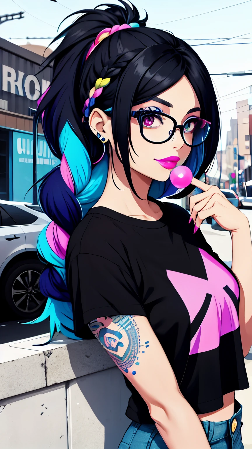 woman 30 years old with a tattoo on her arm and wearing a black top, Black hair with blue streaks, braided into a tail. blue streaks on bangs, Modern style, Fan art of a city girl, pink bubblegum, Yellow, (round glasses with colored lenses: 1.0), Bright lipstick, Snide look