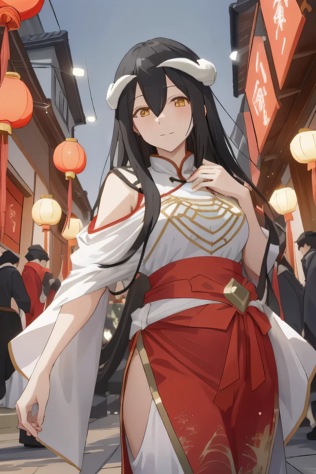 A woman in a white dress wears a black cloak and a white hat., Albedo, Naresuan, Albedo do anime Naresuan, anime goddess, Hestia, Albedo, Black - Hair Wizard, ((Beautiful Empress Fantasy)), image of knight of the zodiac, textura do Albedo, Appears as the goddess of fire, red theme, Chinese New Year, เทศกาลวันChinese New Year, Chinese dress, chinese lanterns, nighttime, red dress, Black wings around the waist