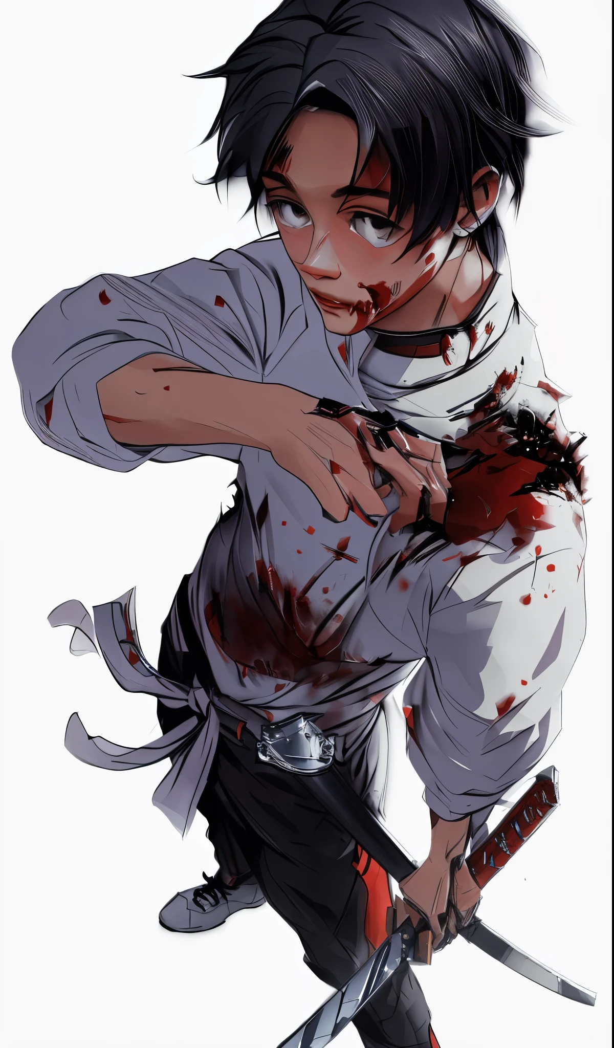 ((samdoesart)), A personagem standing, holding a sword, with blood on their body, with incredible detail, in an illustration style, as a 4k wallpaper, yuta okkotsu, jujutsu kaisen, vector, pastel, ((semirealism))