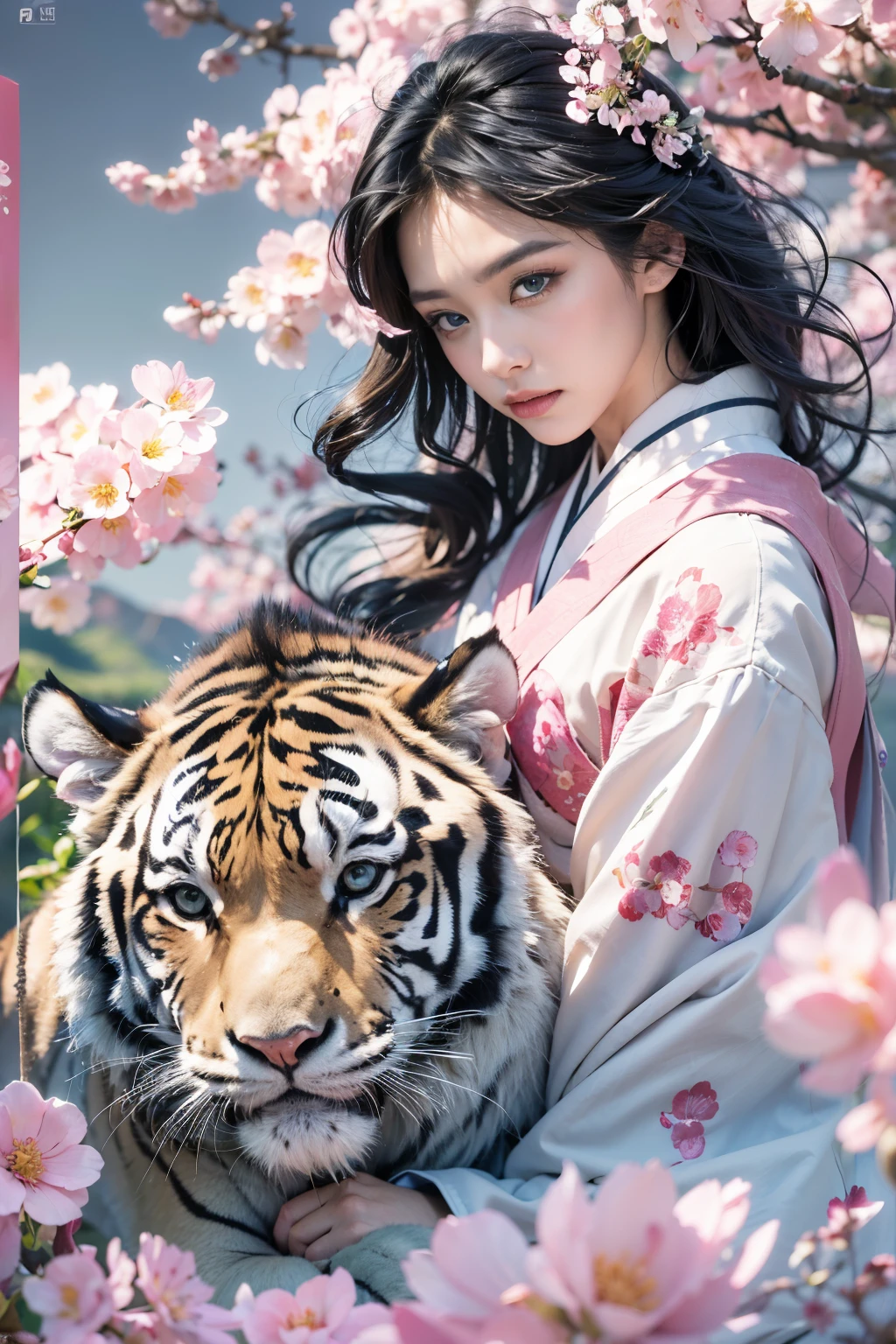 (masterpiece, high resolution, illustration:1.2), mesmerizing woman, (colorful traditional Chinese hanfu:1.1), (graceful floral motifs:1.2), (ebony tresses adorned with delicate flowers:1.3), riding atop two majestic white tigers, (powerful presence:1.2), (rolling green hills:1.1), iconic Mount Fuji majestically dominating the background, (azure skies:1.2), (wispy clouds:1.1), (fields of vibrant pink cherry blossoms:1.2), peaceful expression, harmonious connection, (tigers' piercing blue eyes:1.2), top-down perspective, dreamlike ambiance, a fusion of elegance and natural beauty.