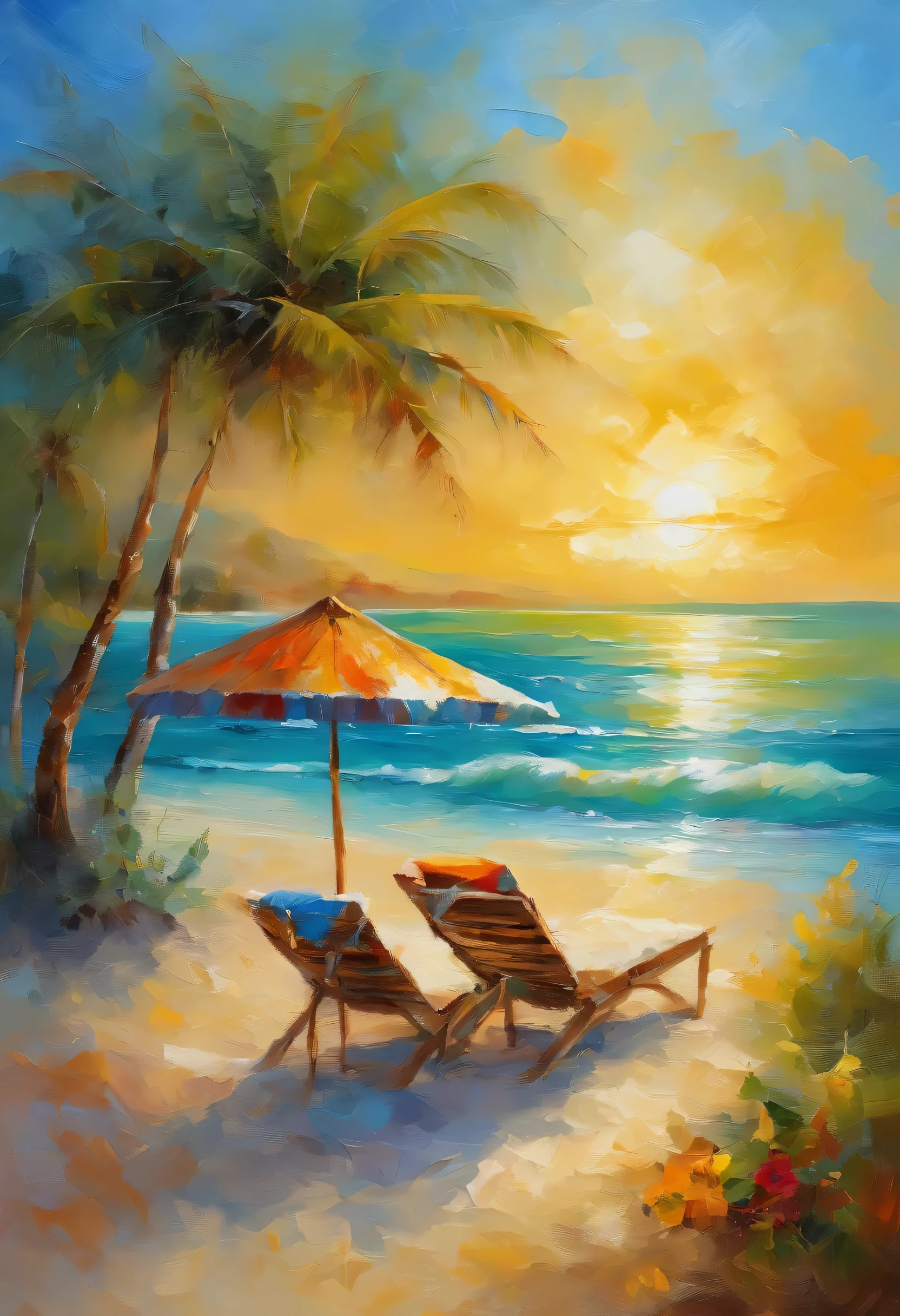 (melhor qualidade, 8k, high resolution, obra de arte: 1.2), Detailed oil painting, imagem alegre, mar cristalino, praia bonita, areia amarela, Epic painting, cheio de cores ricas e detalhes, beautiful vegetation, blue sky, calm water, luz solar brilhante, Brisa suave do oceano, peaceful atmosphere, cores vibrantes, Paisagens encantadoras, trees, Tropical paradise, litoral sereno, pessoas felizes curtindo a praia, areia dourada quente, crystal clear turquoise waters, lush vegetation, umbrella suns, relaxing vibes, paisagem tranquila, pinceladas requintadas, harmonious composition, ambiente de sonho, meticulous attention to detail, dynamic brushstrokes, dramatic lighting, gentle reflections in water, impeccable realism, texturas cativantes, profundidade impressionante, romantic seaside view, serenidade e tranquilidade, fantastic play of light and shadow, Breathtaking natural beauty, convidativo e pitoresco, happy memories by the sea, perfect color balance, ondas ensolaradas batendo na costa, Vista majestosa do horizonte, beautiful carefully crafted vegetation, reflexos da luz solar na areia, artistic interpretation of paradise, beleza da natureza capturada em tela.