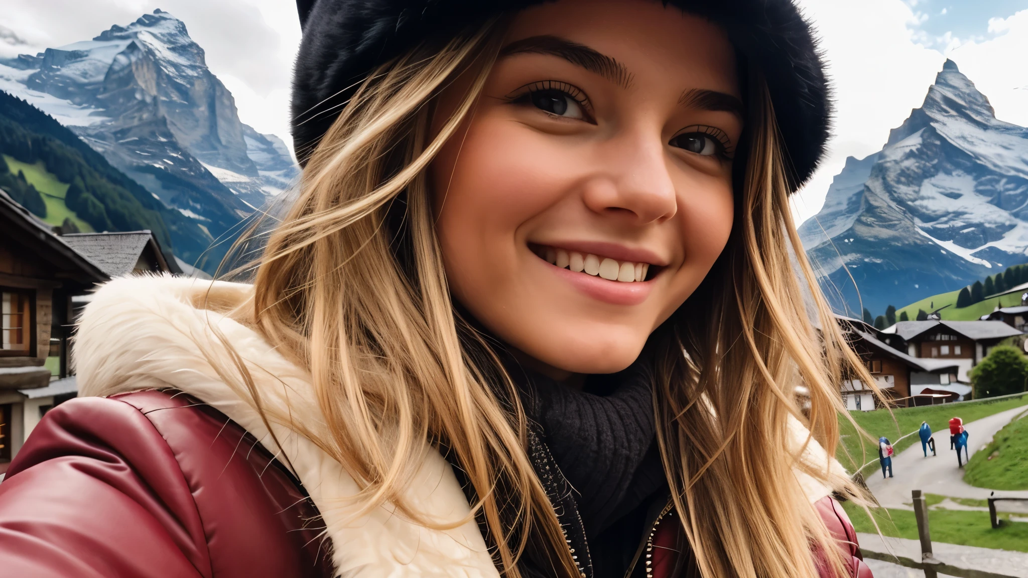 Instagram pictures, 1 girl, Shoulder length hair, light blonde hair, Close-up photo, coat, The background is the village of Grindelwald....., Switzerland, smile a little,