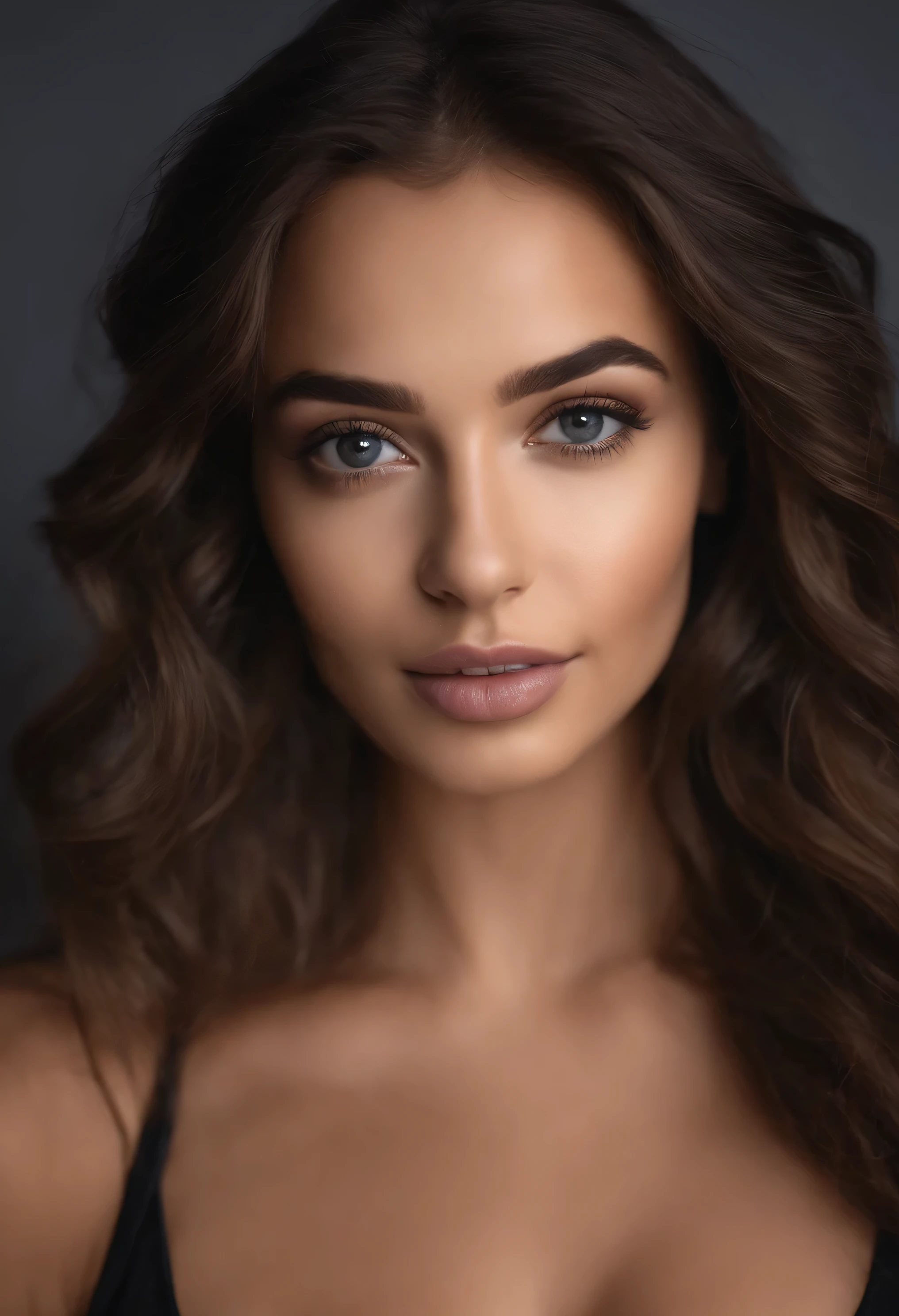 Femme arafed, fille sexy aux yeux bruns, Portrait de Sophie Mudd, cheveux bruns et grands yeux, selfie d'une jeune femme, Yeux de la chambre, Violette Myers, sans maquillage, maquillage naturel, Regarder directement la caméra, Visage avec Artgram, Maquillage subtil, superbe photo super réaliste, réaliste femme, latine, hispanique