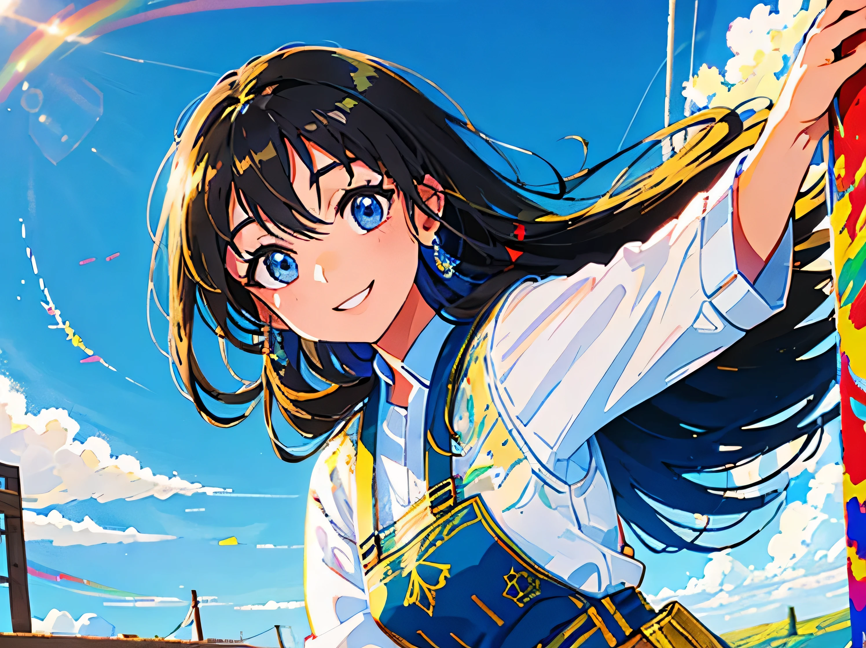 under the blue sky, A beautiful girl with long hair and a smile、He has a little paint on his face and is looking towards me.。.