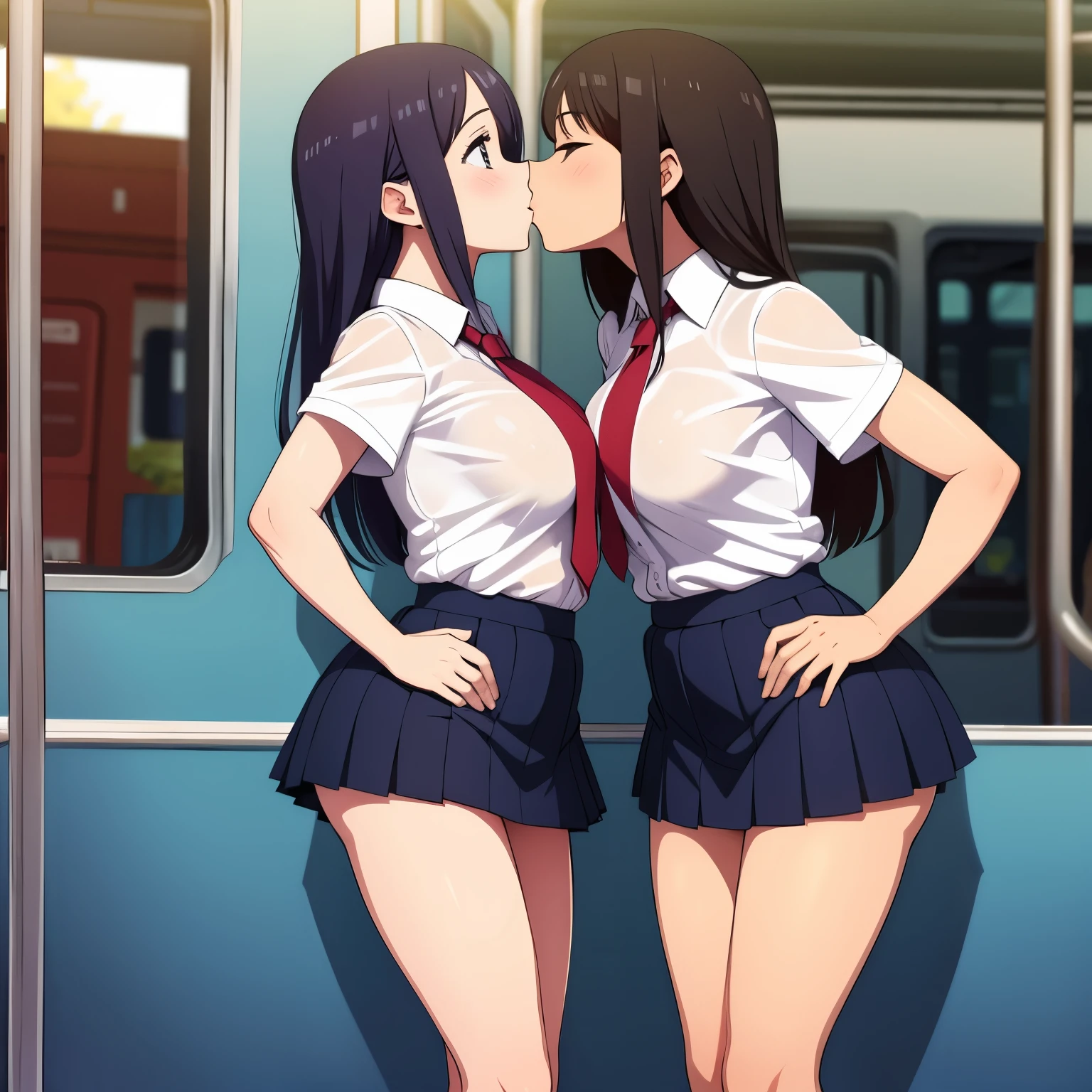 Bus, miniskirt, school, big breasts, transparent shirt, twins, smile, kiss, two people on the bus, hands on hips