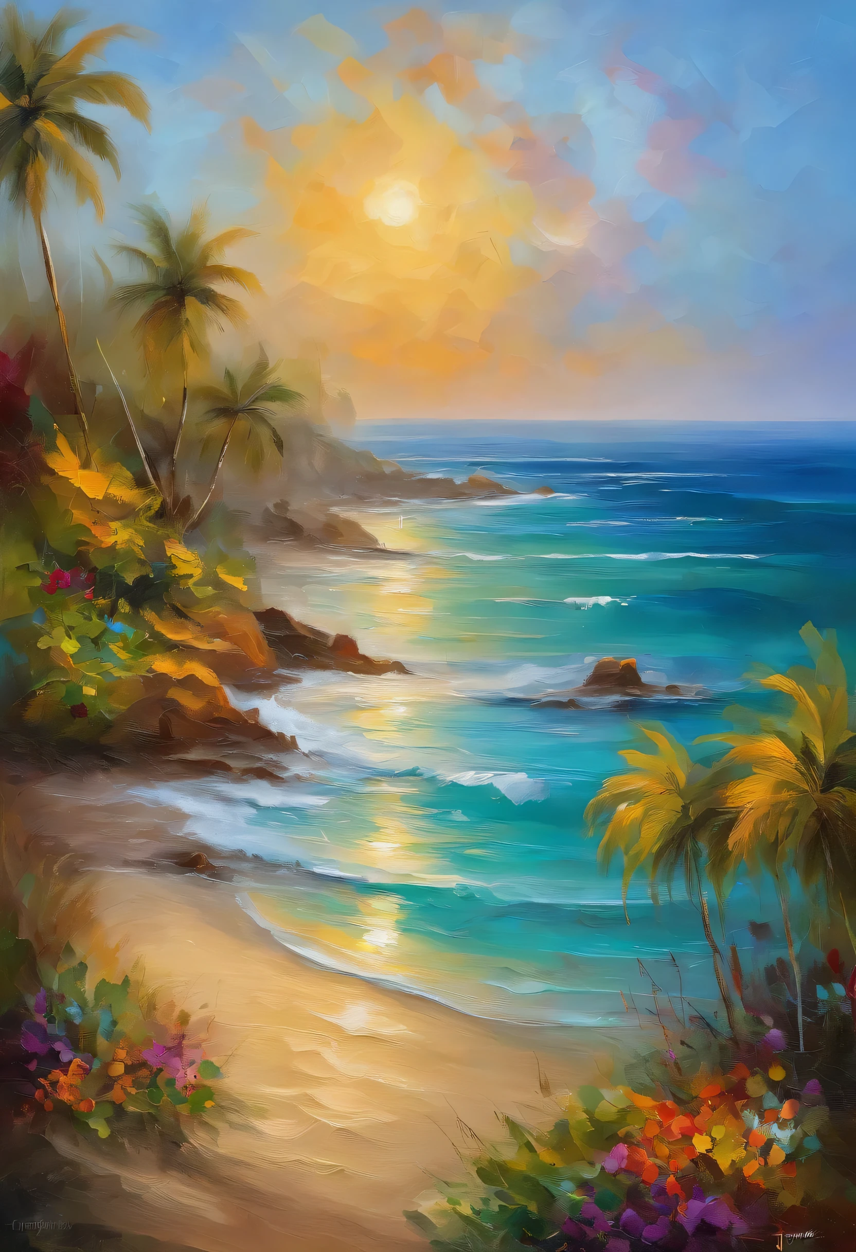 (melhor qualidade, 8k, high resolution, obra de arte: 1.2), Detailed oil painting, imagem alegre, mar cristalino, praia bonita, areia amarela, Epic painting, cheio de cores ricas e detalhes, beautiful vegetation, blue sky, calm water, luz solar brilhante, Brisa suave do oceano, peaceful atmosphere, cores vibrantes, Paisagens encantadoras, trees, Tropical paradise, litoral sereno, pessoas felizes curtindo a praia, areia dourada quente, crystal clear turquoise waters, lush vegetation, umbrella suns, relaxing vibes, paisagem tranquila, pinceladas requintadas, harmonious composition, ambiente de sonho, meticulous attention to detail, dynamic brushstrokes, dramatic lighting, gentle reflections in water, impeccable realism, texturas cativantes, profundidade impressionante, romantic seaside view, serenidade e tranquilidade, fantastic play of light and shadow, Breathtaking natural beauty, convidativo e pitoresco, happy memories by the sea, perfect color balance, ondas ensolaradas batendo na costa, Vista majestosa do horizonte, beautiful carefully crafted vegetation, reflexos da luz solar na areia, artistic interpretation of paradise, beleza da natureza capturada em tela.
