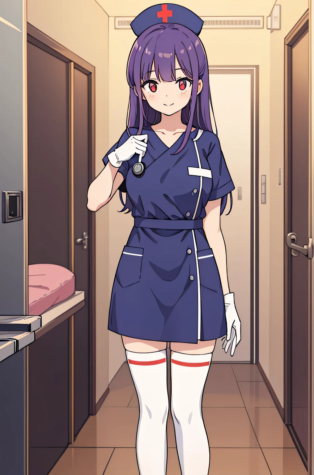 1 female, alone, nurse, nurse cap, Whiteware, ((white legwear, zettai ryouiki)), white gloves, long hair, purple hair, red eyes, pink lips, smile, Are standing, ((hospital room)), sharp outline, short sleeve, mature woman, 35 years old, highest quality, masterpiece