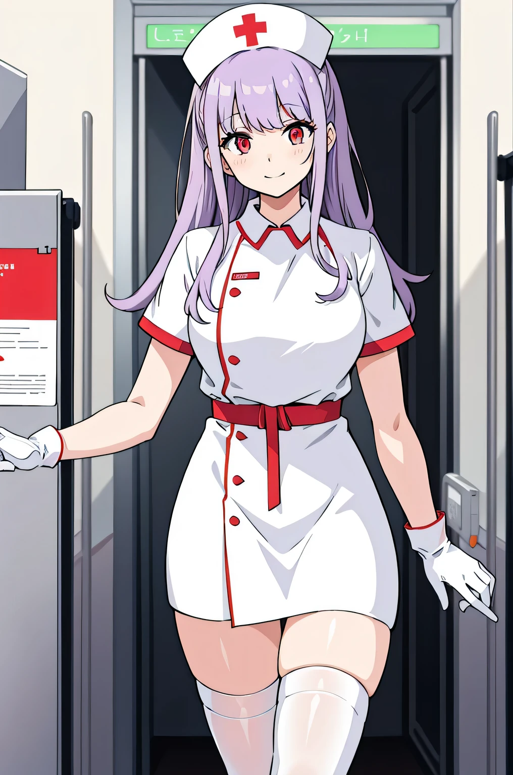 1 female, alone, nurse, nurse cap, Whiteware, ((white legwear, zettai ryouiki)), white gloves, long hair, purple hair, red eyes, pink lips, smile, Are standing, ((hospital room)), sharp outline, short sleeve, mature woman, 35 years old, highest quality, masterpiece