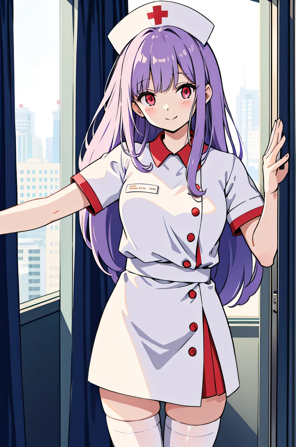 1 female, alone, nurse, nurse cap, Whiteware, ((white legwear, zettai ryouiki)), white gloves, long hair, purple hair, red eyes, pink lips, smile, Are standing, ((hospital room)), sharp outline, short sleeve, mature woman, 35 years old, highest quality, masterpiece