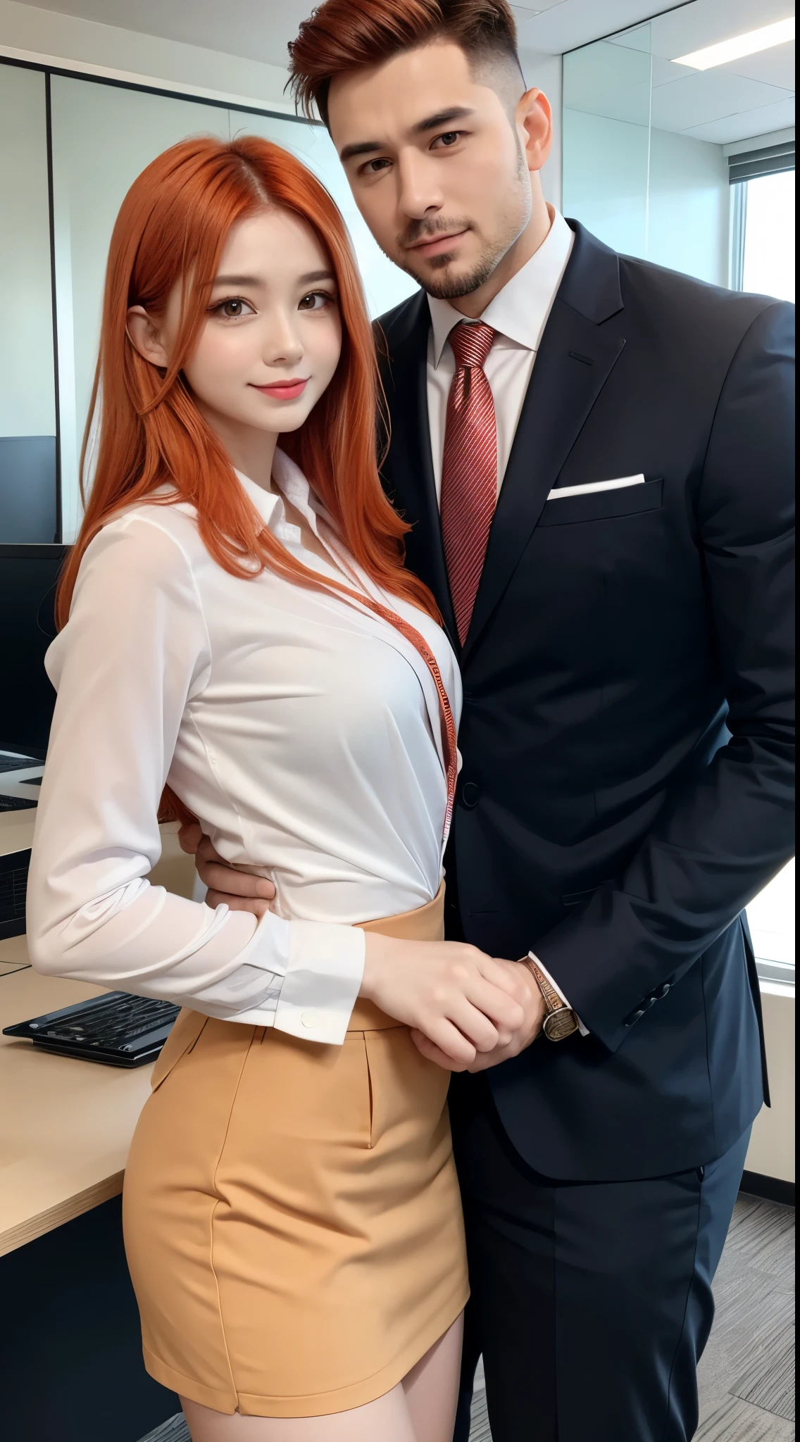beautiful young orange haired woman in office clothes, strong beautiful man in office suit, couple, office background --ar 2:3