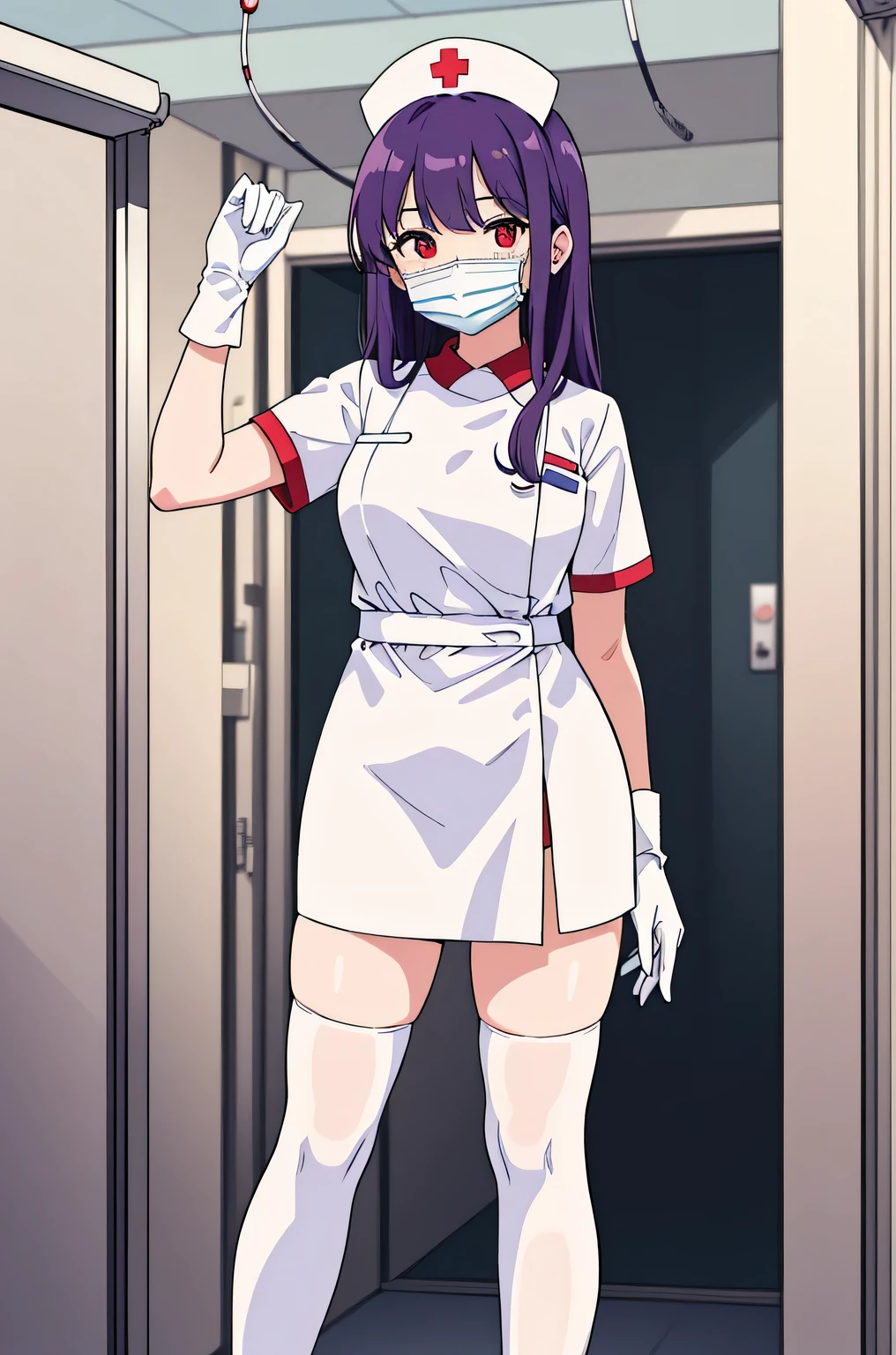 1 female, alone, nurse, nurse cap, Whiteware, ((white legwear, zettai ryouiki)), white gloves, long hair, purple hair, red eyes, ((White surgical mask, Covered nose)), Are standing, ((hospital room)), sharp outline, short sleeve, mature woman, 35 years old, highest quality, masterpiece