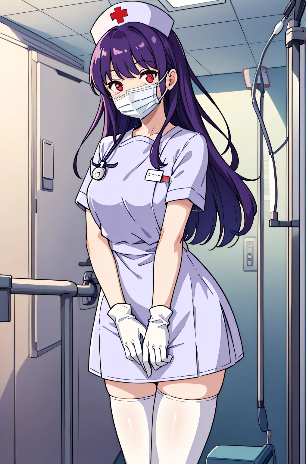 1 female, alone, nurse, nurse cap, Whiteware, ((white legwear, zettai ryouiki)), white gloves, long hair, purple hair, red eyes, ((White surgical mask, Covered nose)), Are standing, ((hospital room)), sharp outline, short sleeve, mature woman, 35 years old, highest quality, masterpiece