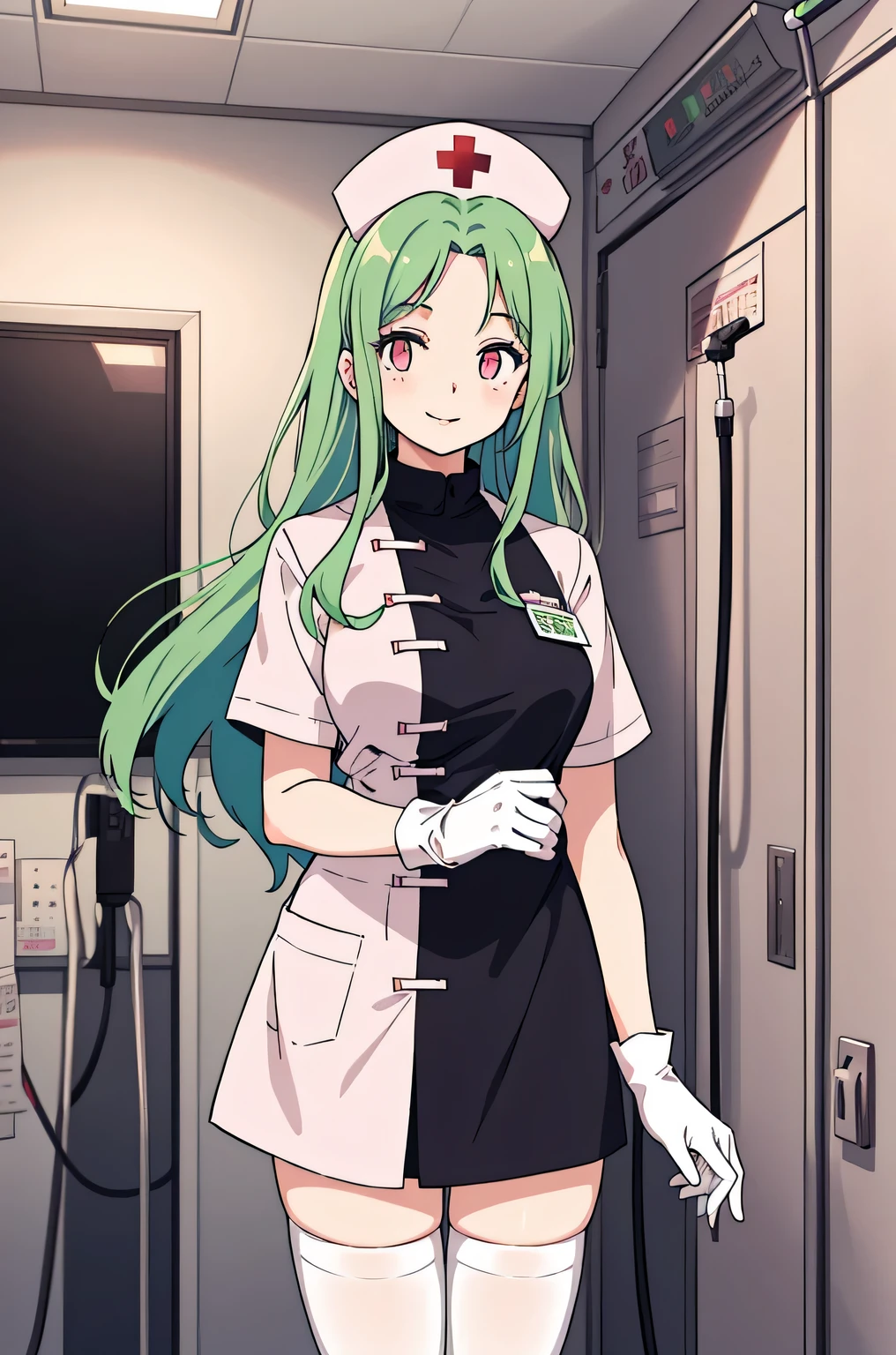 1 female, alone, nurse, nurse cap, Whiteware, ((white legwear, zettai ryouiki)), white gloves, amount, long hair, green hair, pink eyes, pink lips, smile, Are standing, ((hospital room)), sharp outline, short sleeve, mature woman, 35 years old, highest quality, masterpiece