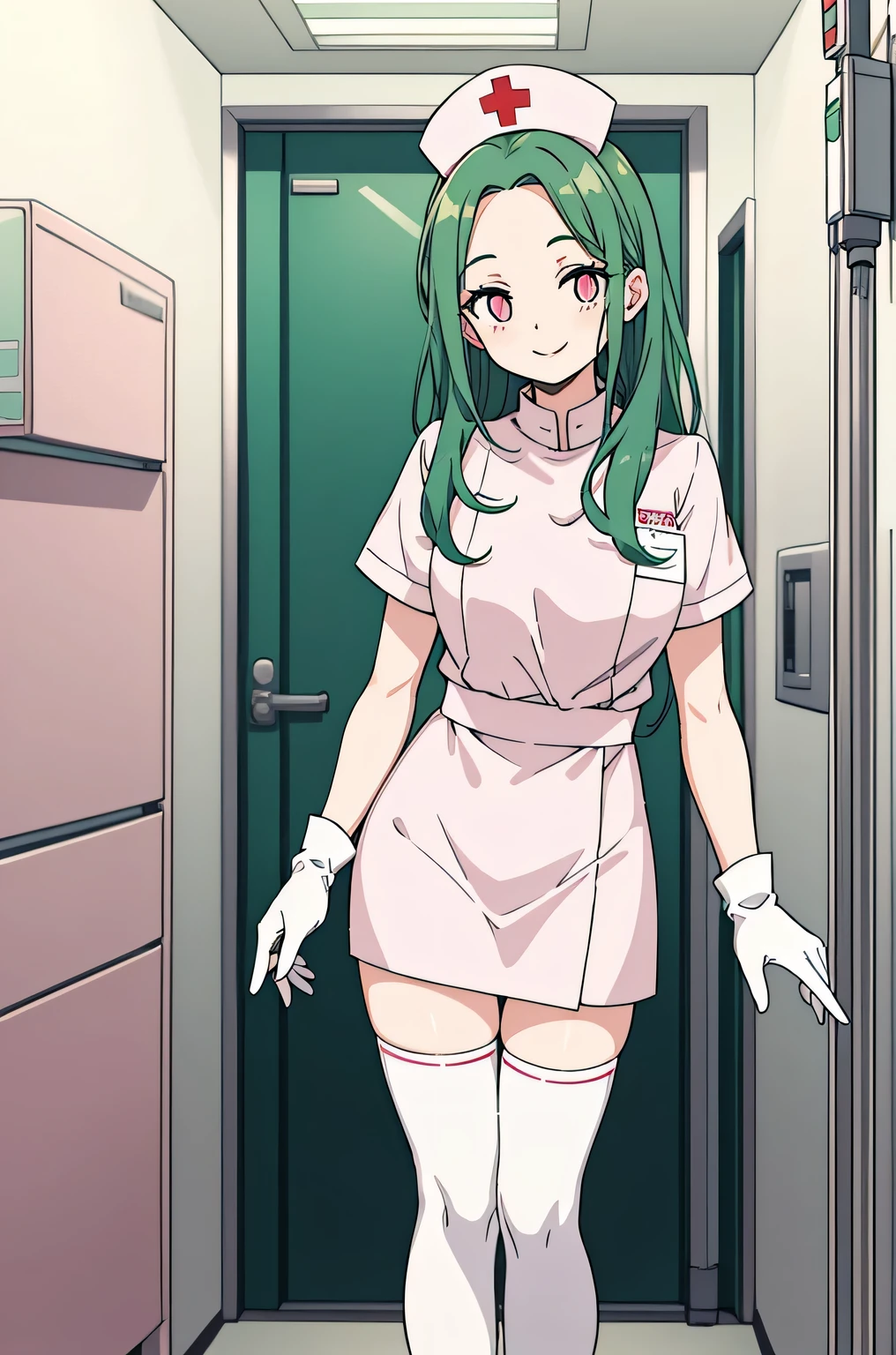 1 female, alone, nurse, nurse cap, Whiteware, ((white legwear, zettai ryouiki)), white gloves, amount, long hair, green hair, pink eyes, pink lips, smile, Are standing, ((hospital room)), sharp outline, short sleeve, mature woman, 35 years old, highest quality, masterpiece