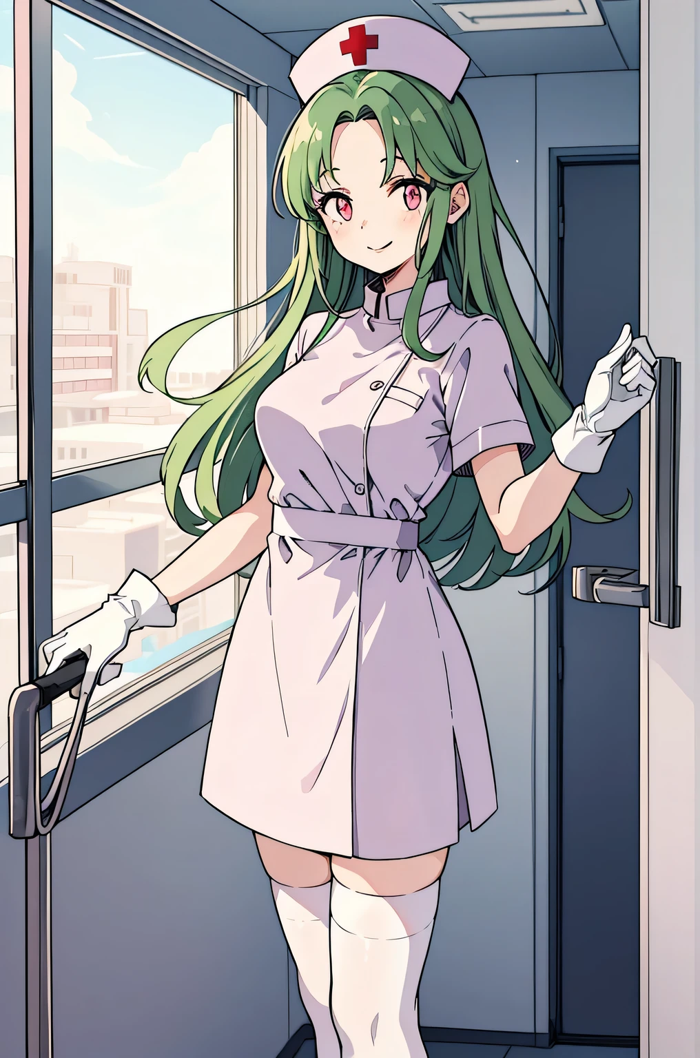 1 female, alone, nurse, nurse cap, Whiteware, ((white legwear, zettai ryouiki)), white gloves, amount, long hair, green hair, pink eyes, pink lips, smile, Are standing, ((hospital room)), sharp outline, short sleeve, mature woman, 35 years old, highest quality, masterpiece