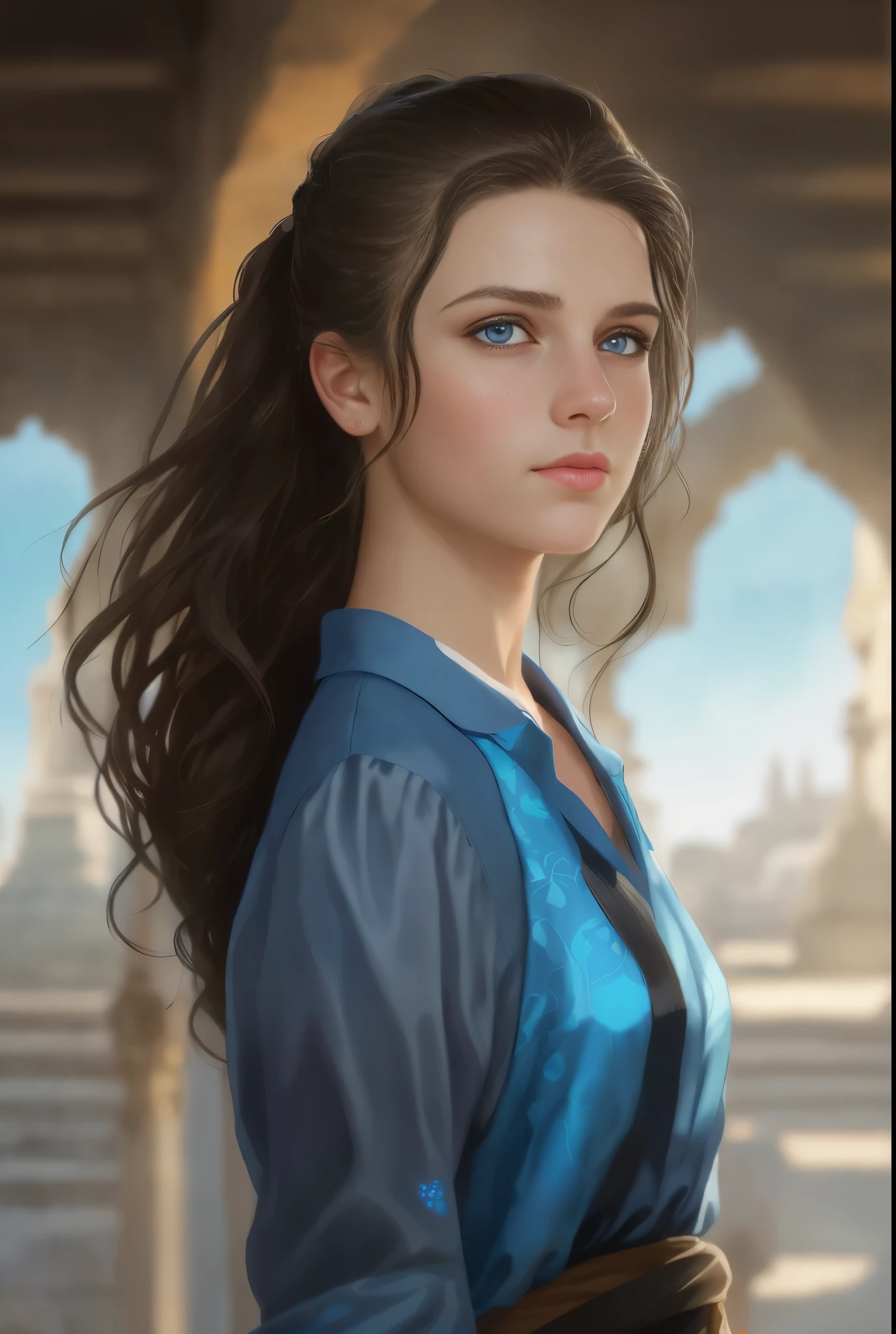 High resolution, brunette girl, 15 years old, bright blue eyes, pattern of stones on her face along the forehead to the temples, Brunette, temples slightly shaved, long black hair pulled back in a ponytail, temples slightly shaved, dressed in a silk shirt and loose trousers, bright blue eyes, portrait, the sea in the background, seagulls, realism, fantasy