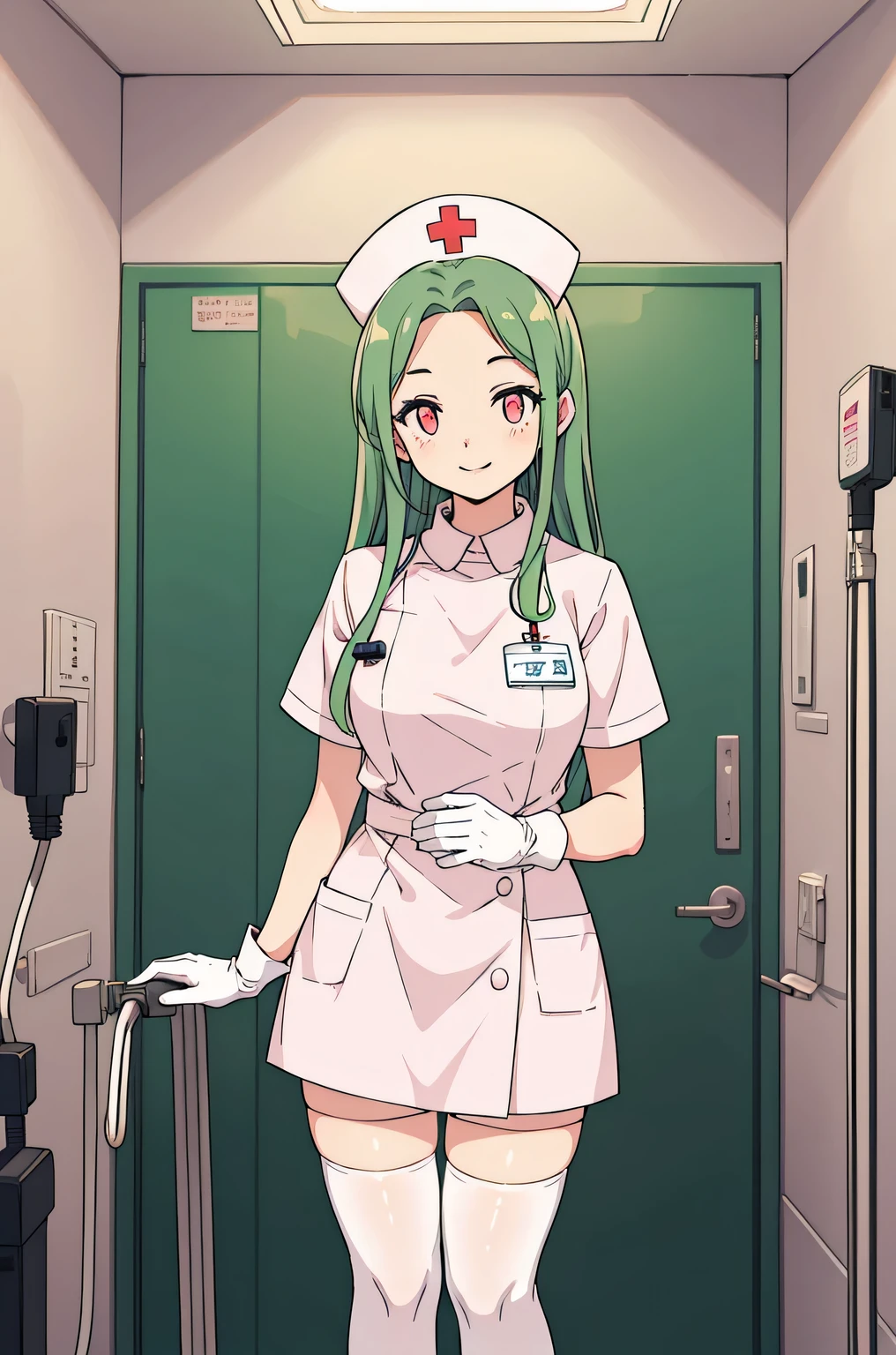 1 female, alone, nurse, nurse cap, Whiteware, ((white legwear, zettai ryouiki)), white gloves, amount, long hair, green hair, pink eyes, pink lips, smile, Are standing, ((hospital room)), sharp outline, short sleeve, mature woman, 35 years old, highest quality, masterpiece