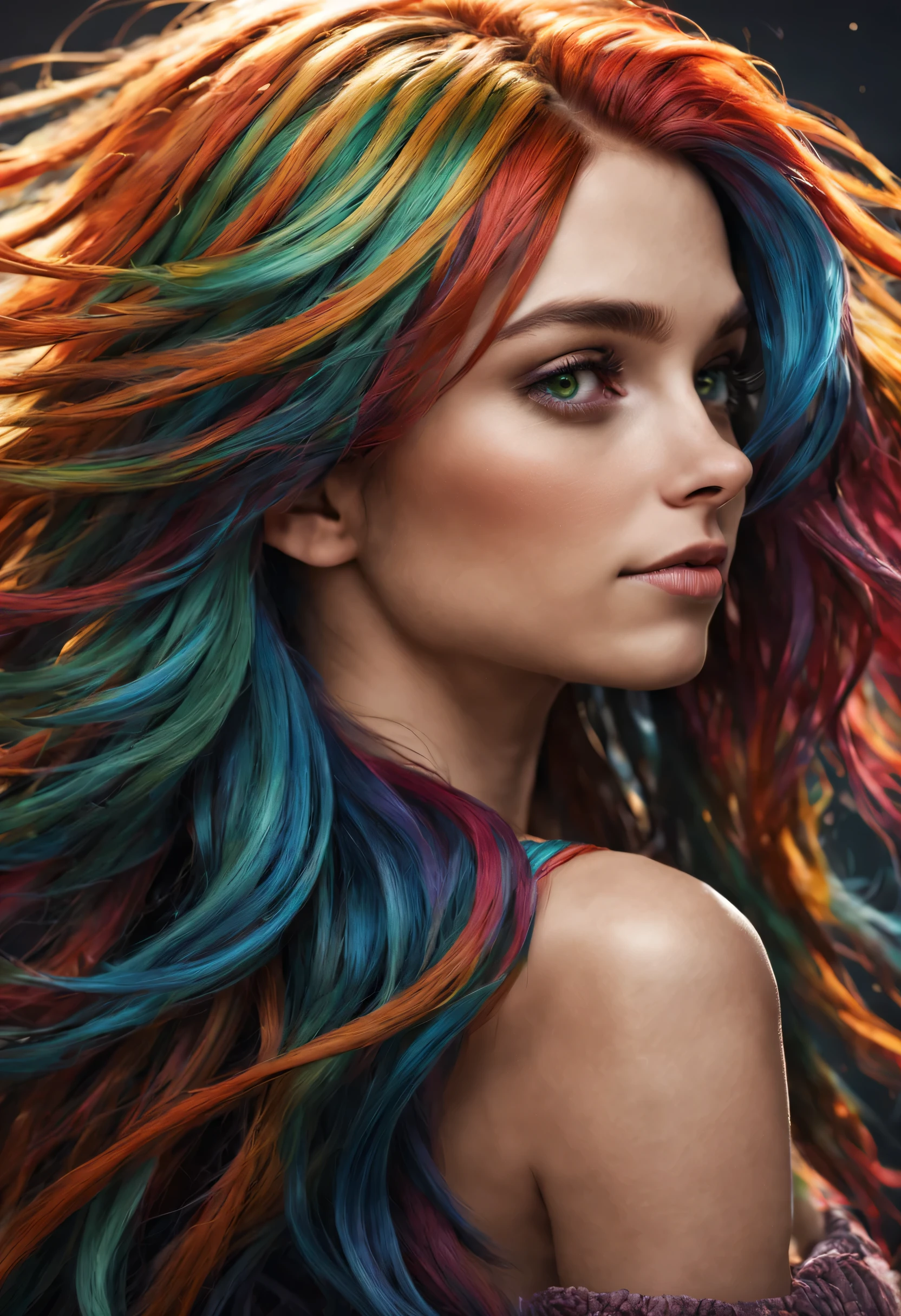 umbral girl, multicolored hair, wild hair, mane, closeup, excellent details, excellent lighting, 12K, brilliant features, 