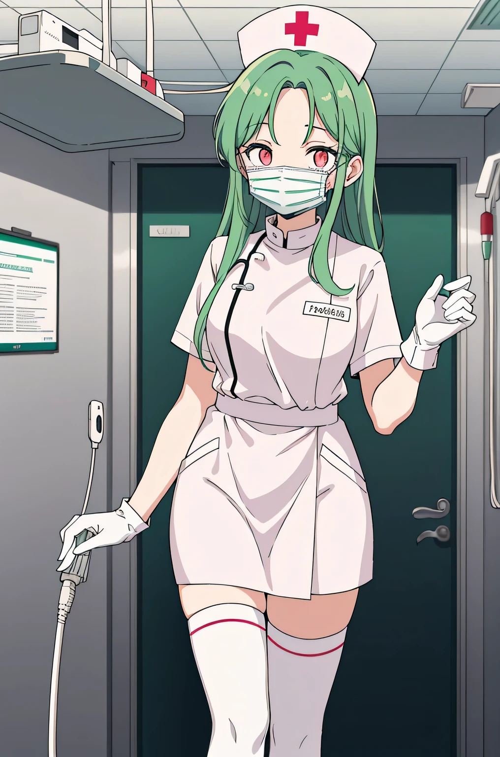 1 female, alone, nurse, nurse cap, Whiteware, ((white legwear, zettai ryouiki)), white gloves, amount, long hair, green hair, pink eyes, ((White surgical mask, Covered nose)), Are standing, ((hospital room)), sharp outline, short sleeve, mature woman, 35 years old, highest quality, masterpiece