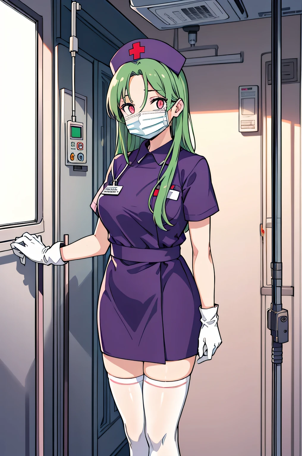 1 female, alone, nurse, nurse cap, Whiteware, ((white legwear, zettai ryouiki)), white gloves, amount, long hair, green hair, pink eyes, ((White surgical mask, Covered nose)), Are standing, ((hospital room)), sharp outline, short sleeve, mature woman, 35 years old, highest quality, masterpiece