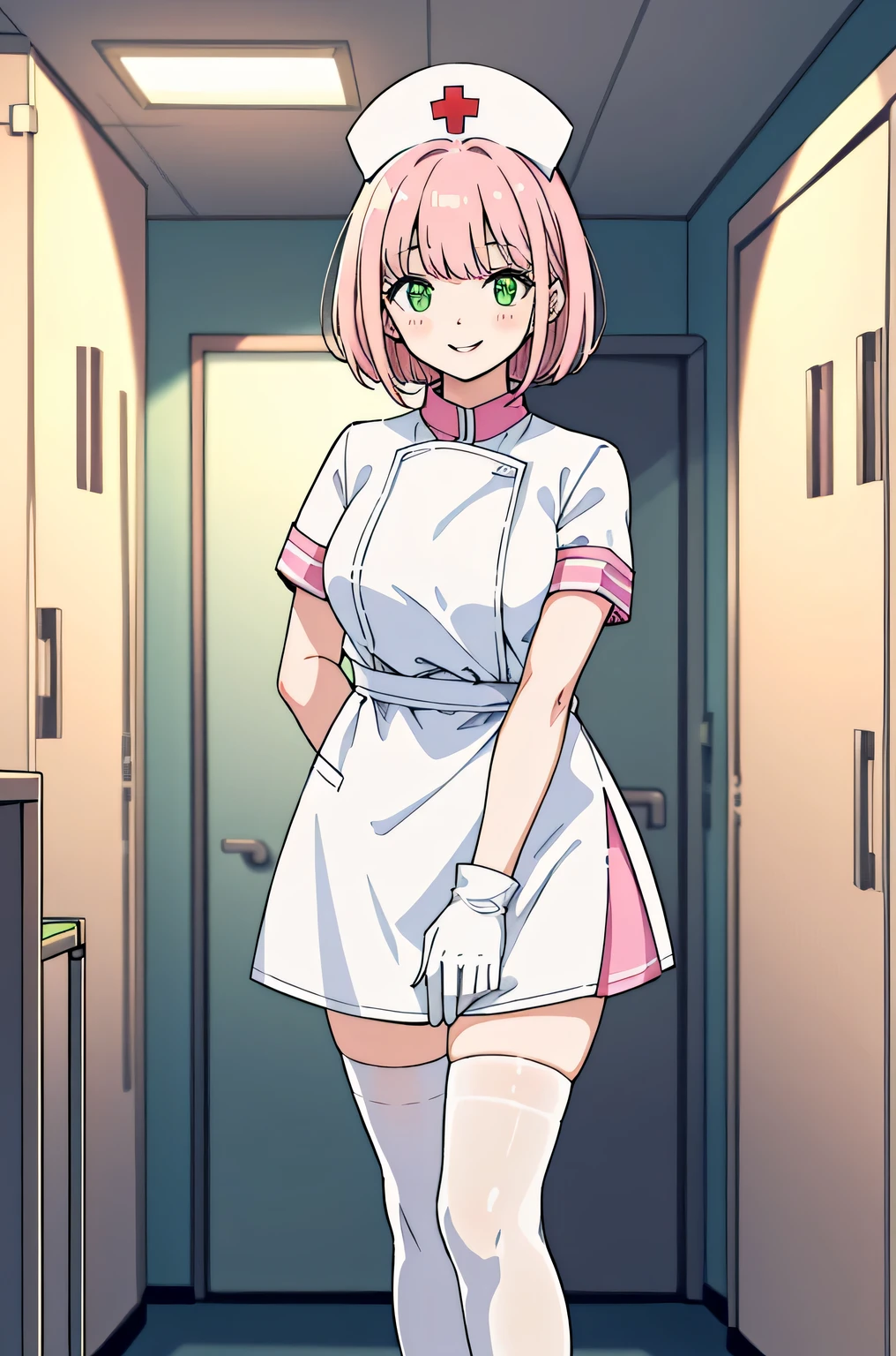 1girl, solo, nurse, nurse cap, white wear, ((white legwear, zettai ryouiki)), white gloves, pink hair, green eyes, drooping eyes, smile, standing, ((hospital room)), sharp outline, short sleeves, best quality, masterpiece